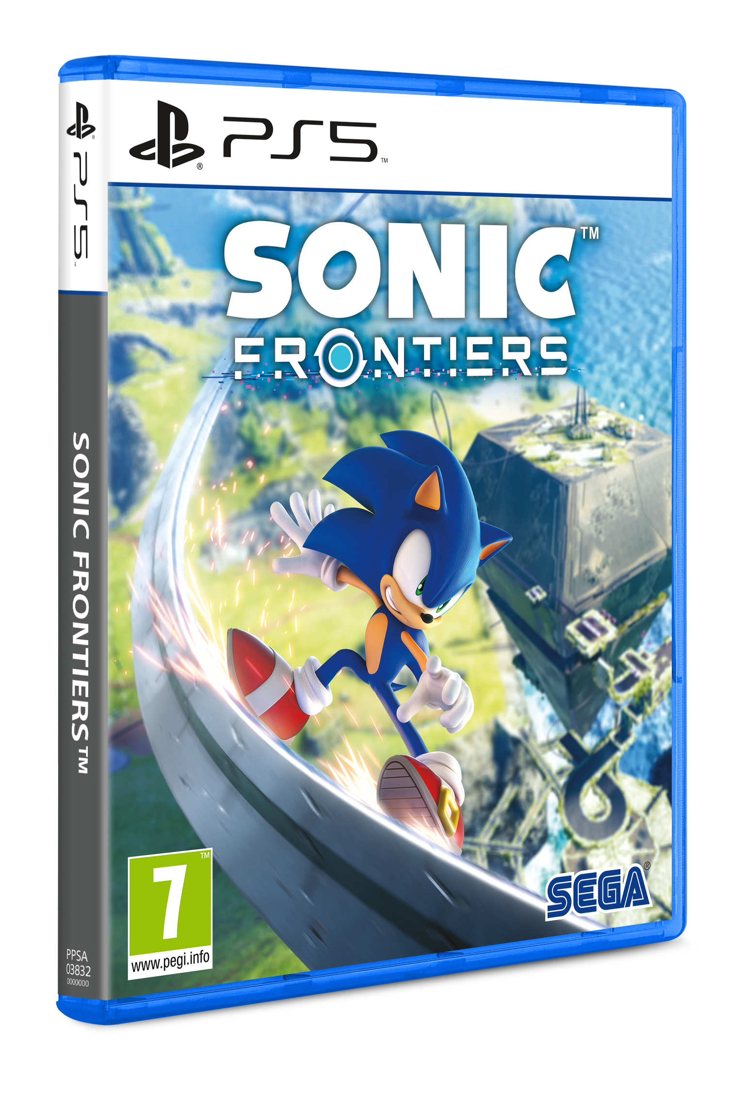 Pudełko gry PS5 dla Sonic Frontiers, z Sonikiem na szynie i niebieskim tłem.