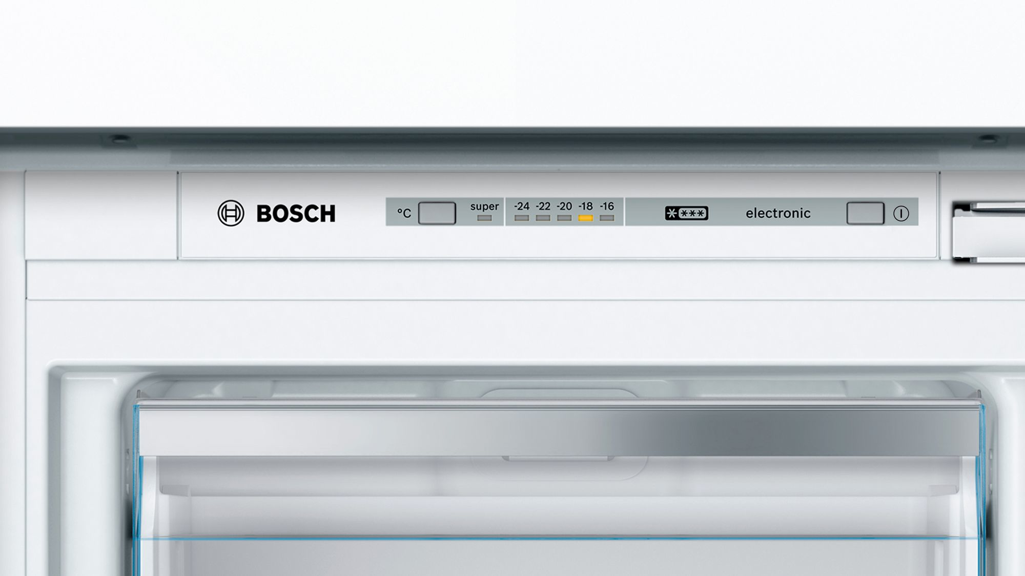 Pannello di controllo del frigorifero bianco con logo Bosch, indicatori di temperatura e funzioni.