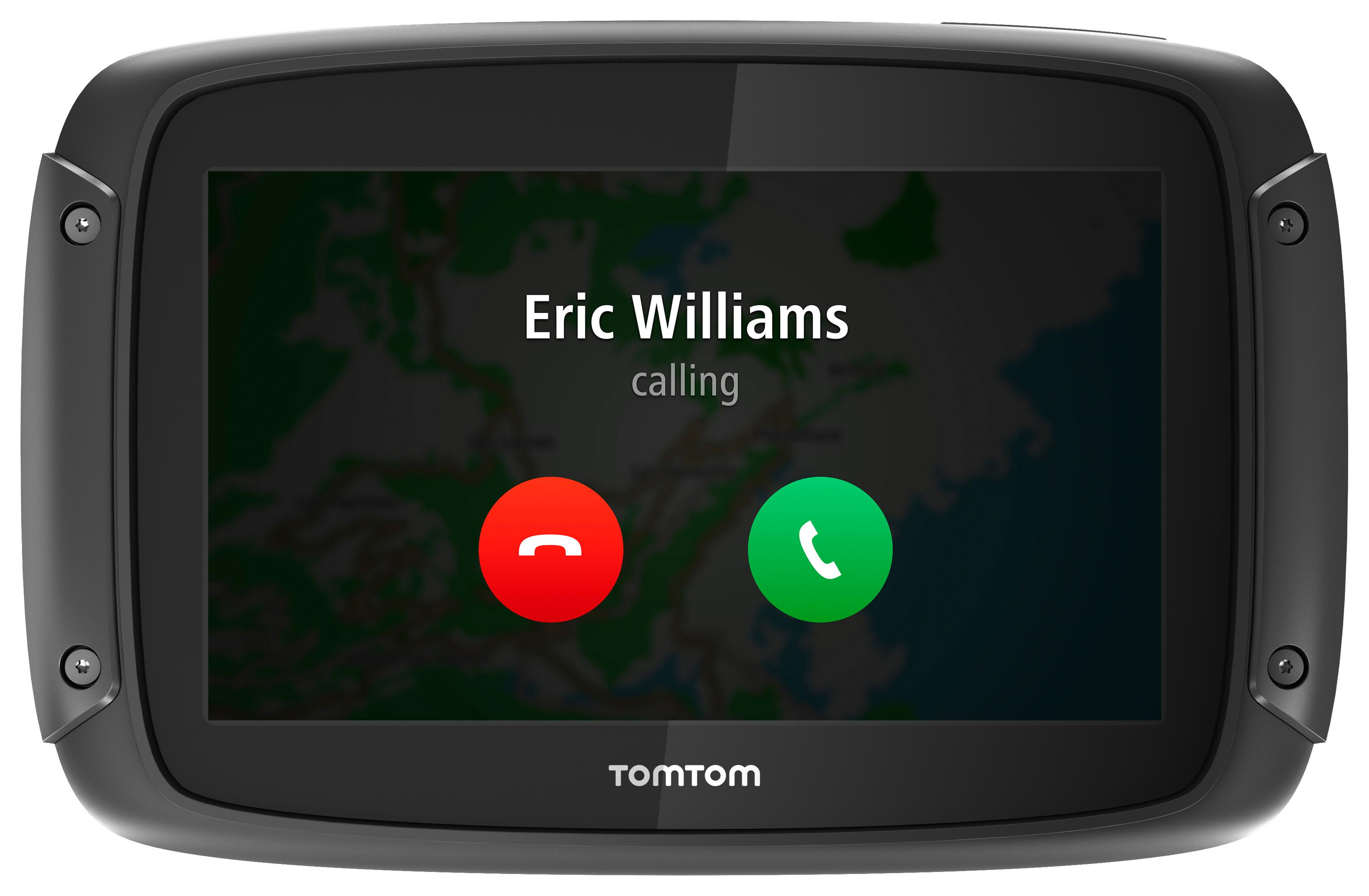 TomTom GPS-Bildschirm mit einem eingehenden Anruf von Eric Williams, mit roten und grünen Knöpfen.