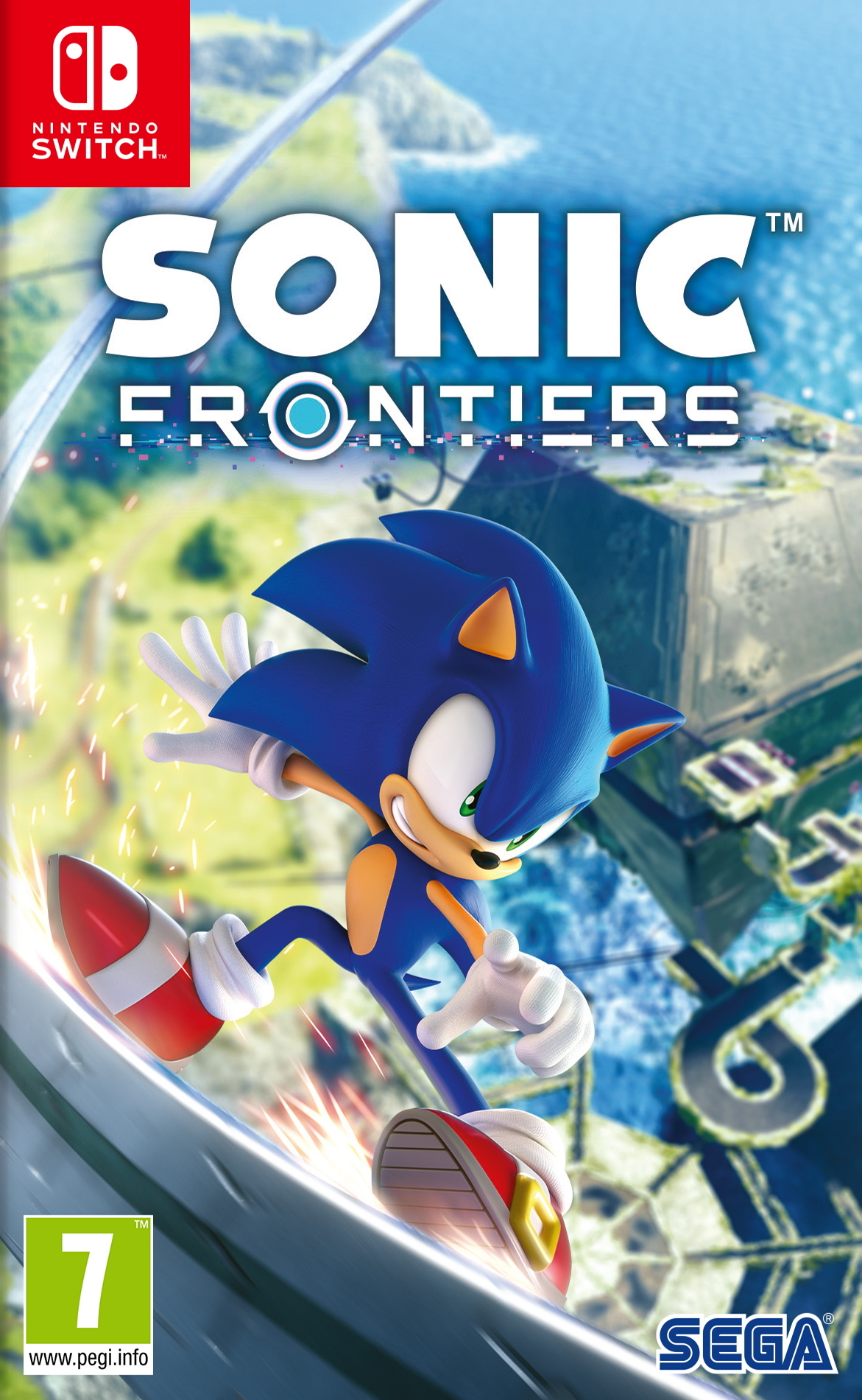 Sonic the Hedgehog sulla scatola del gioco Sonic Frontiers, con uno sfondo blu.