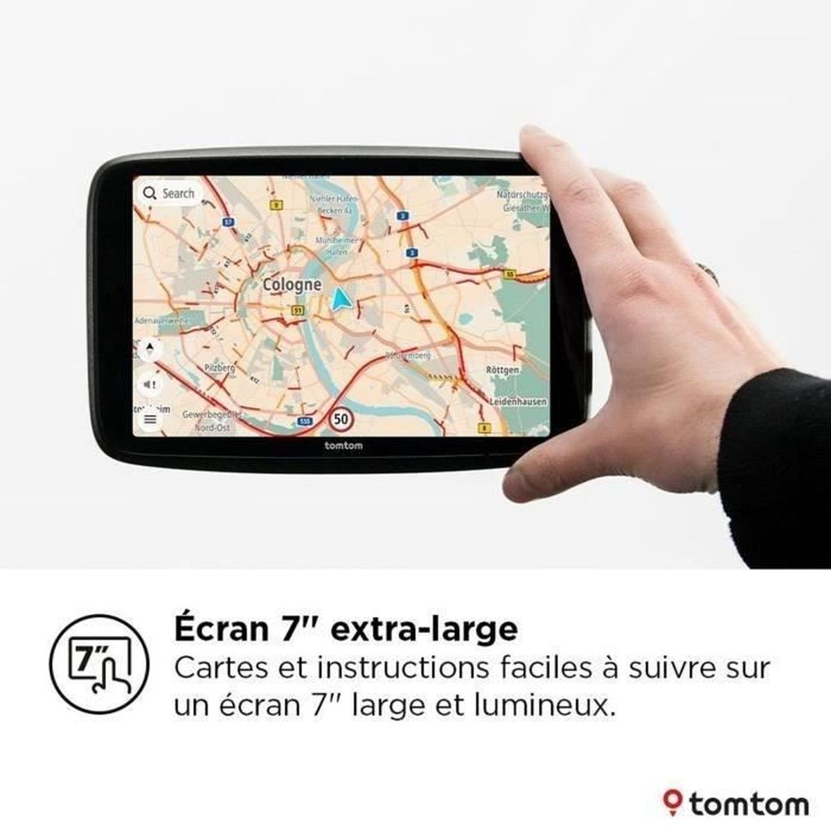 Dłoń trzymająca urządzenie GPS pokazujące mapę ze wskazówkami i tekstem po francusku.