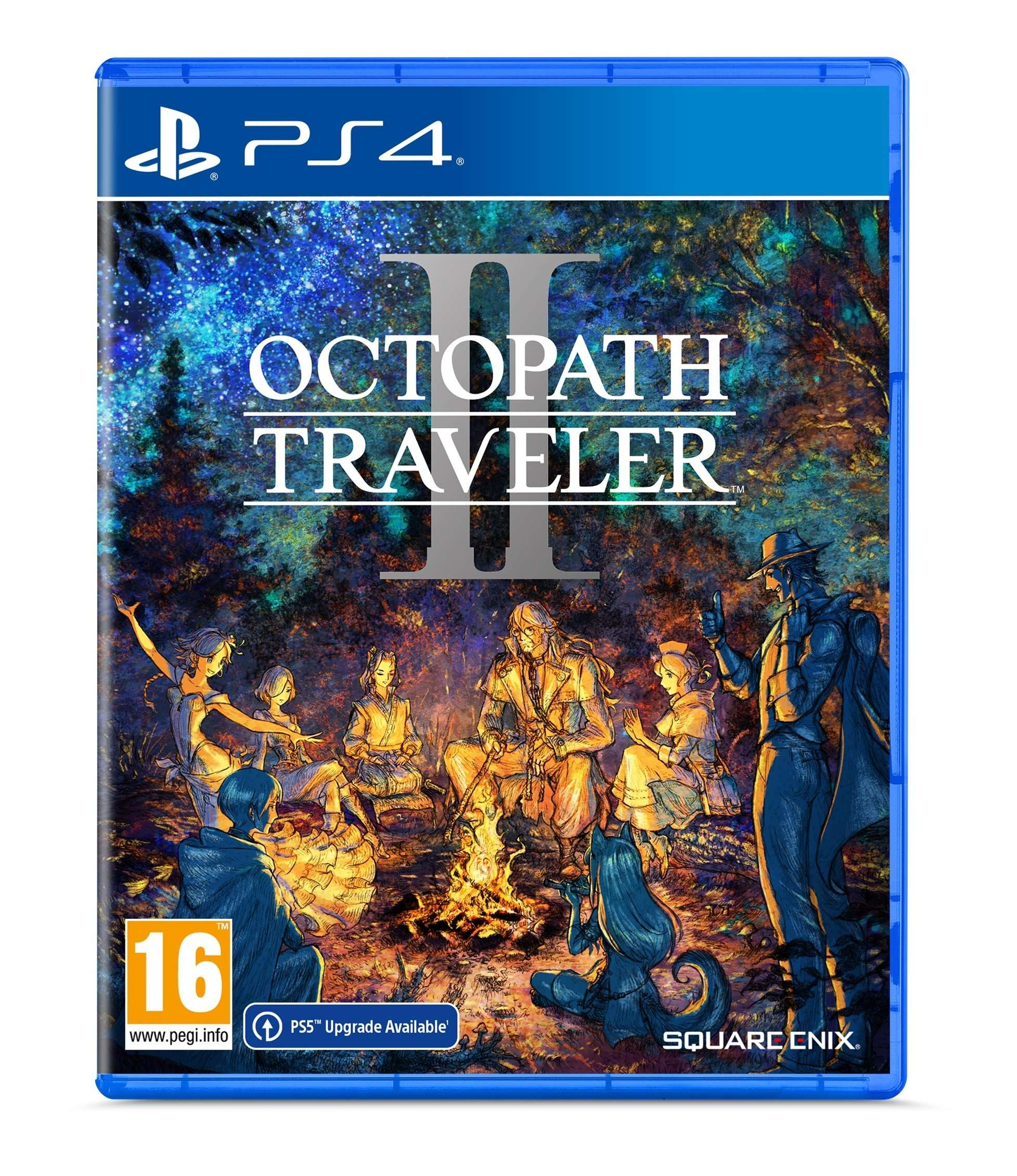 Una custodia per il gioco PS4 'Octopath Traveler II', con un gruppo di personaggi attorno a un falò.