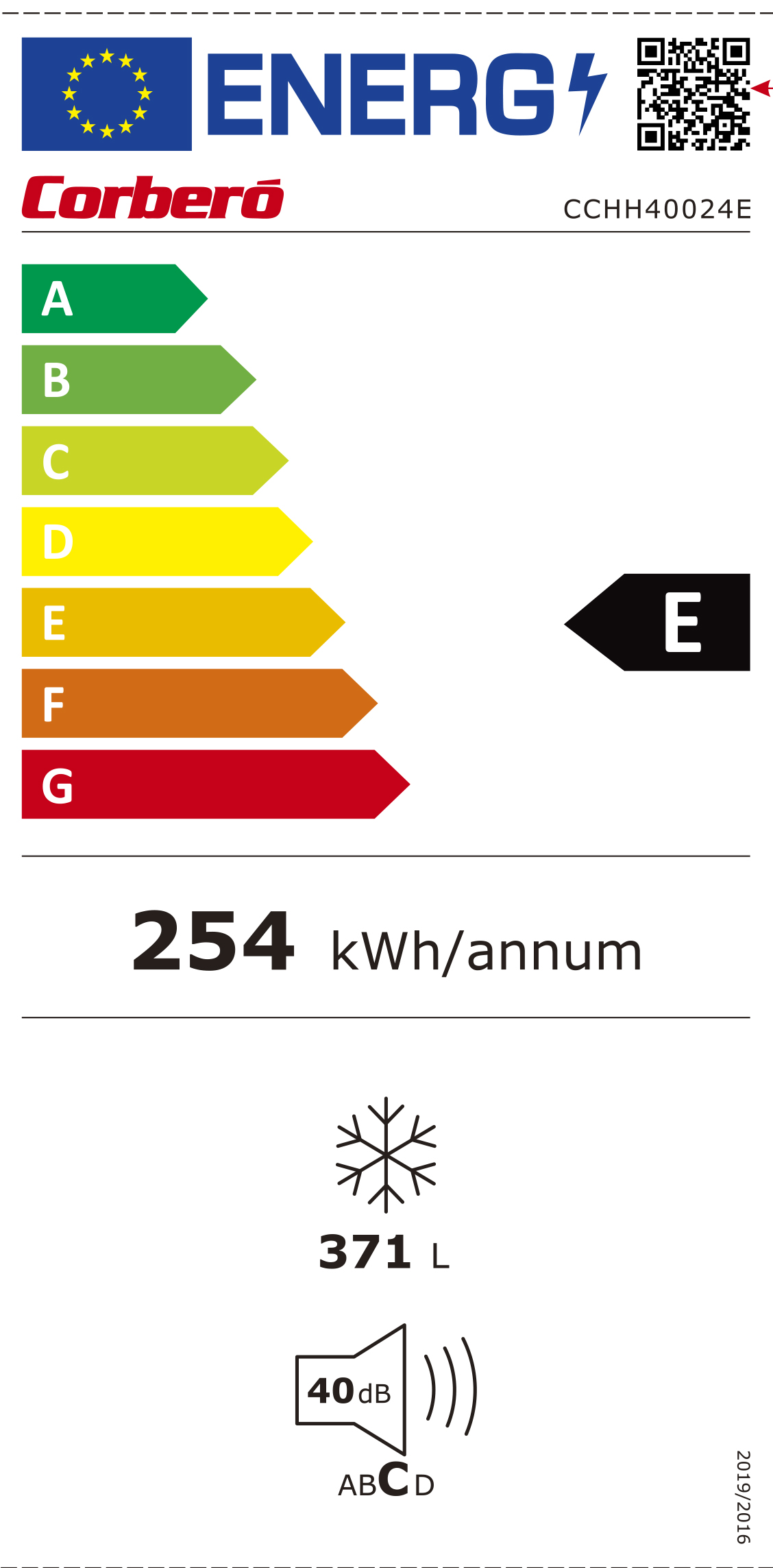 Etiqueta energética de un refrigerador: grado E, 254 kWh/año, 371 L, 40dB.