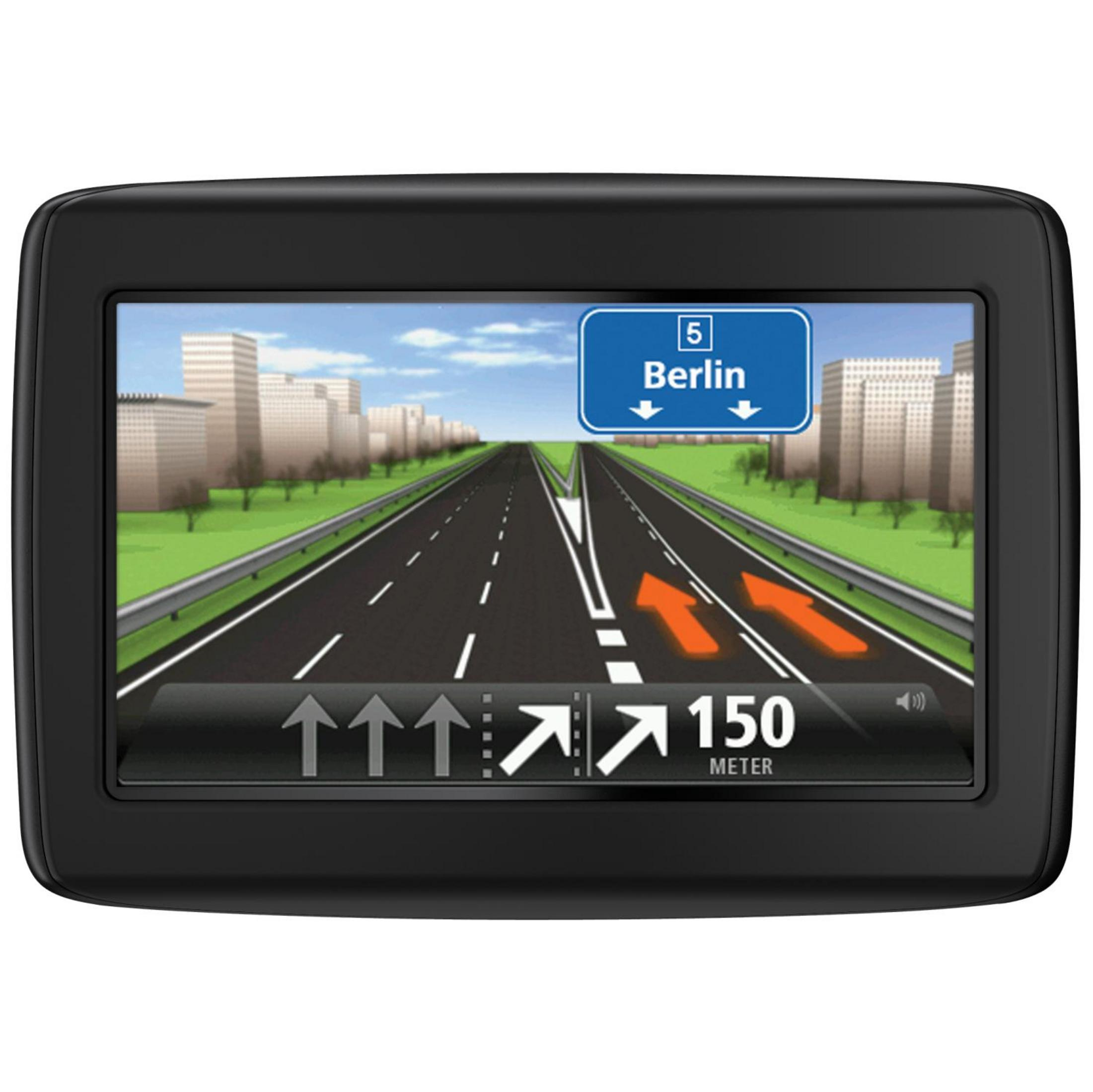Ein GPS-Gerät zeigt eine Straße mit Berlin-Schild und Navigationspfeilen in einem schwarzen Rahmen.