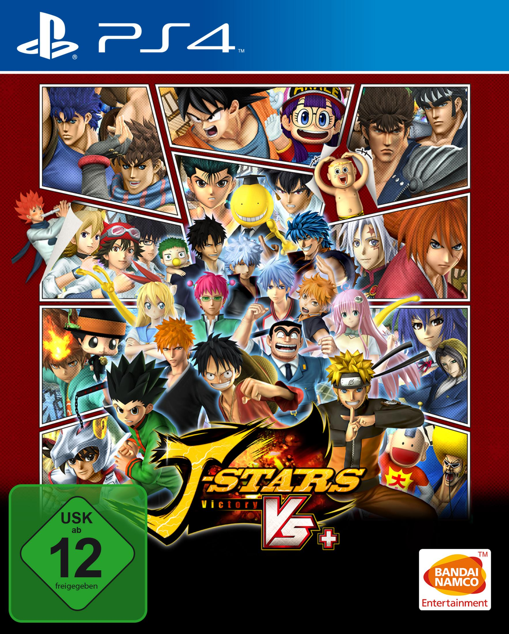 Videospiel-Cover für J-Stars Victory VS+ auf PS4. Viele Anime-Charaktere auf rotem Hintergrund.