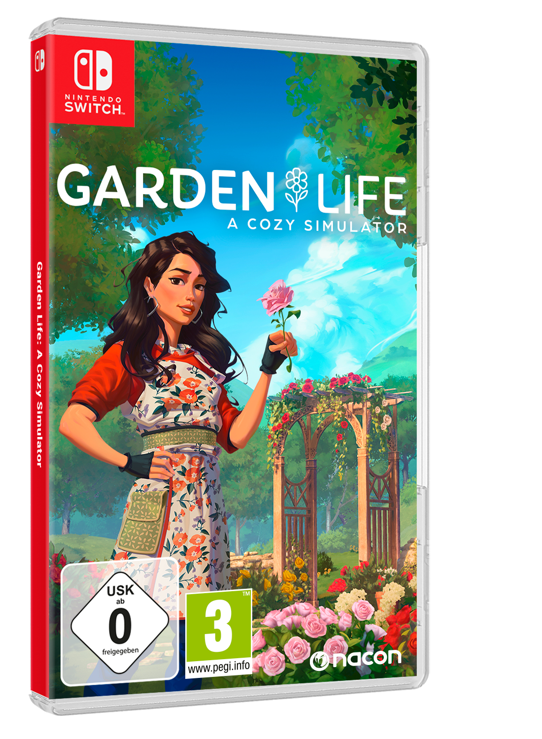 Pudełko gry "Garden Life: A Cozy Simulator", z kobietą trzymającą kwiat w ogrodzie.