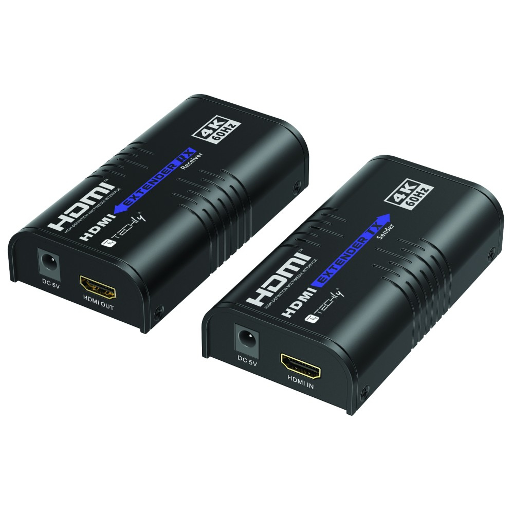 Due dispositivi HDMI Extender UX neri. Hanno porte HDMI e di alimentazione ed etichette di testo.
