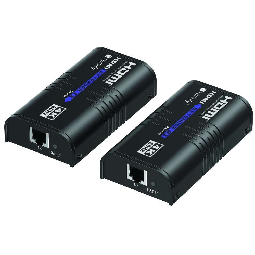 Due dispositivi HDMI Extender UX neri, con porte per HDMI, Ethernet e alimentazione.