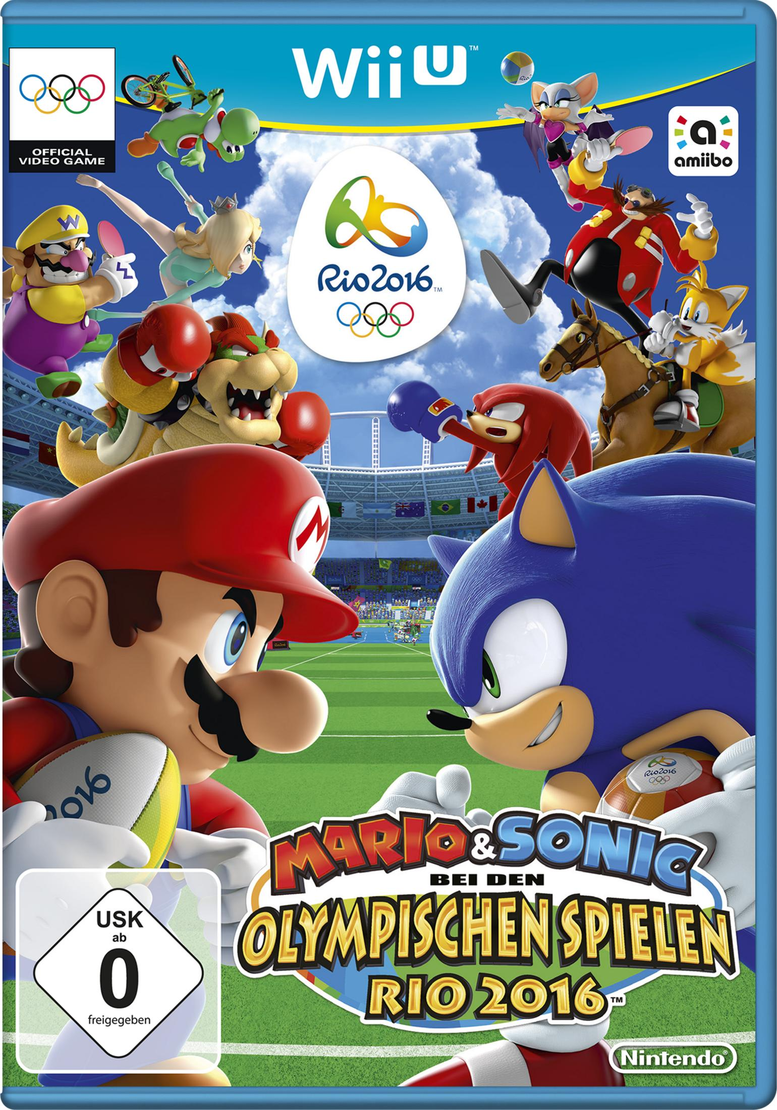 Pudełko z grą z Mario, Soniciem i innymi postaciami w scenie sportowej z tytułem „MARIO & SONIC”.