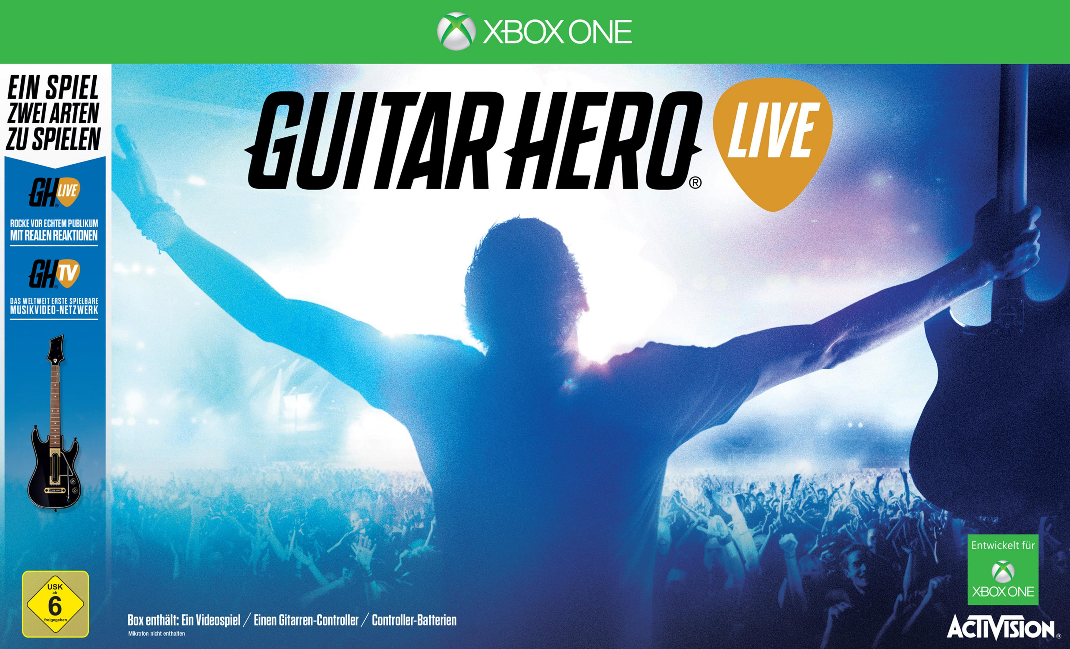 Guitar Hero Live Spielbox mit Silhouette einer Menge und Gitarre.