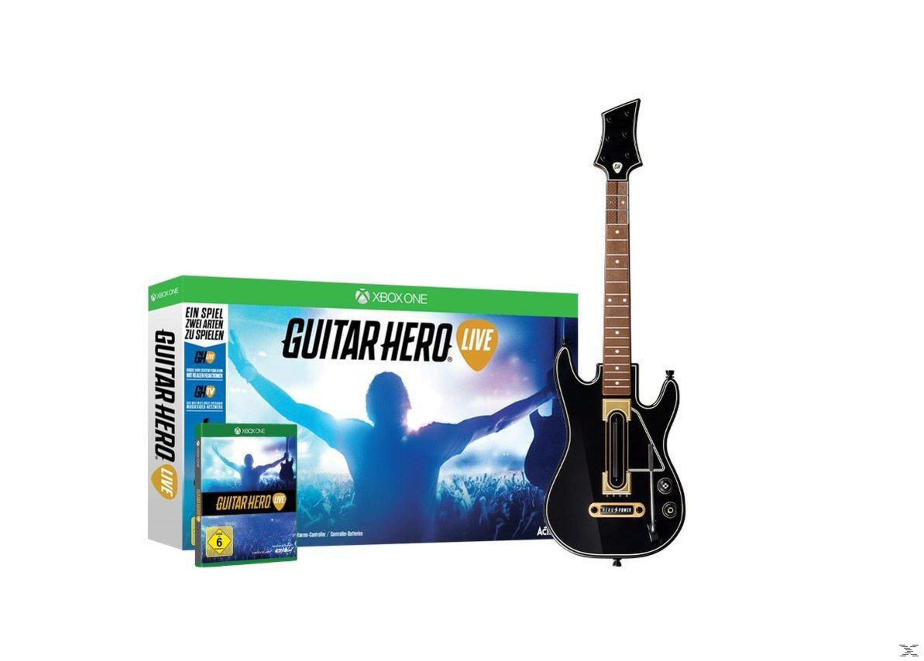 Guitar Hero-Spielset: Spielbox, Spiel-Disc und schwarzer Gitarren-Controller.