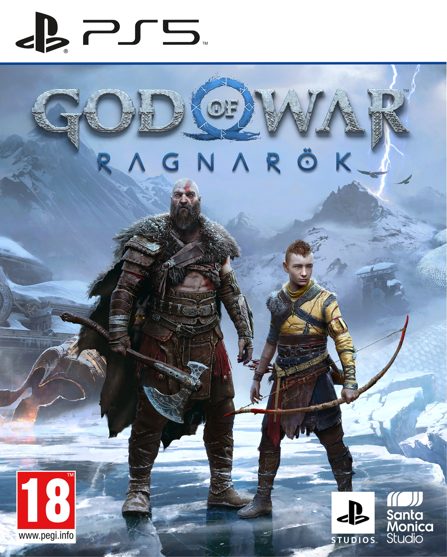 Copertina del gioco God of War Ragnarok con Kratos e Atreus in un paesaggio innevato.