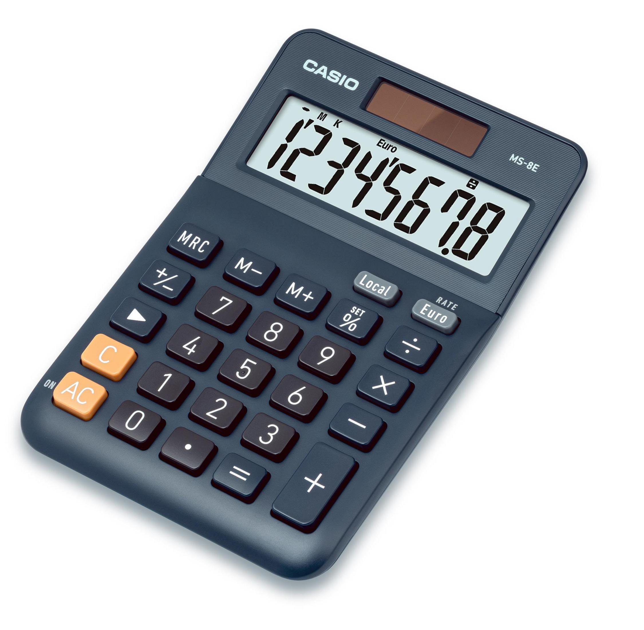 Kalkulator z ciemnoniebieską obudową, białymi cyframi i wyświetlaczem pokazującym 1234567.8.