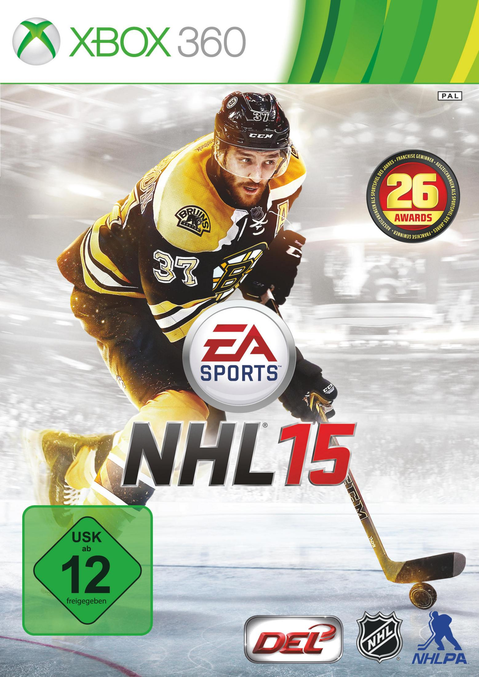 NHL 15 Videospiel-Cover zeigt einen Eishockeyspieler in Aktion.