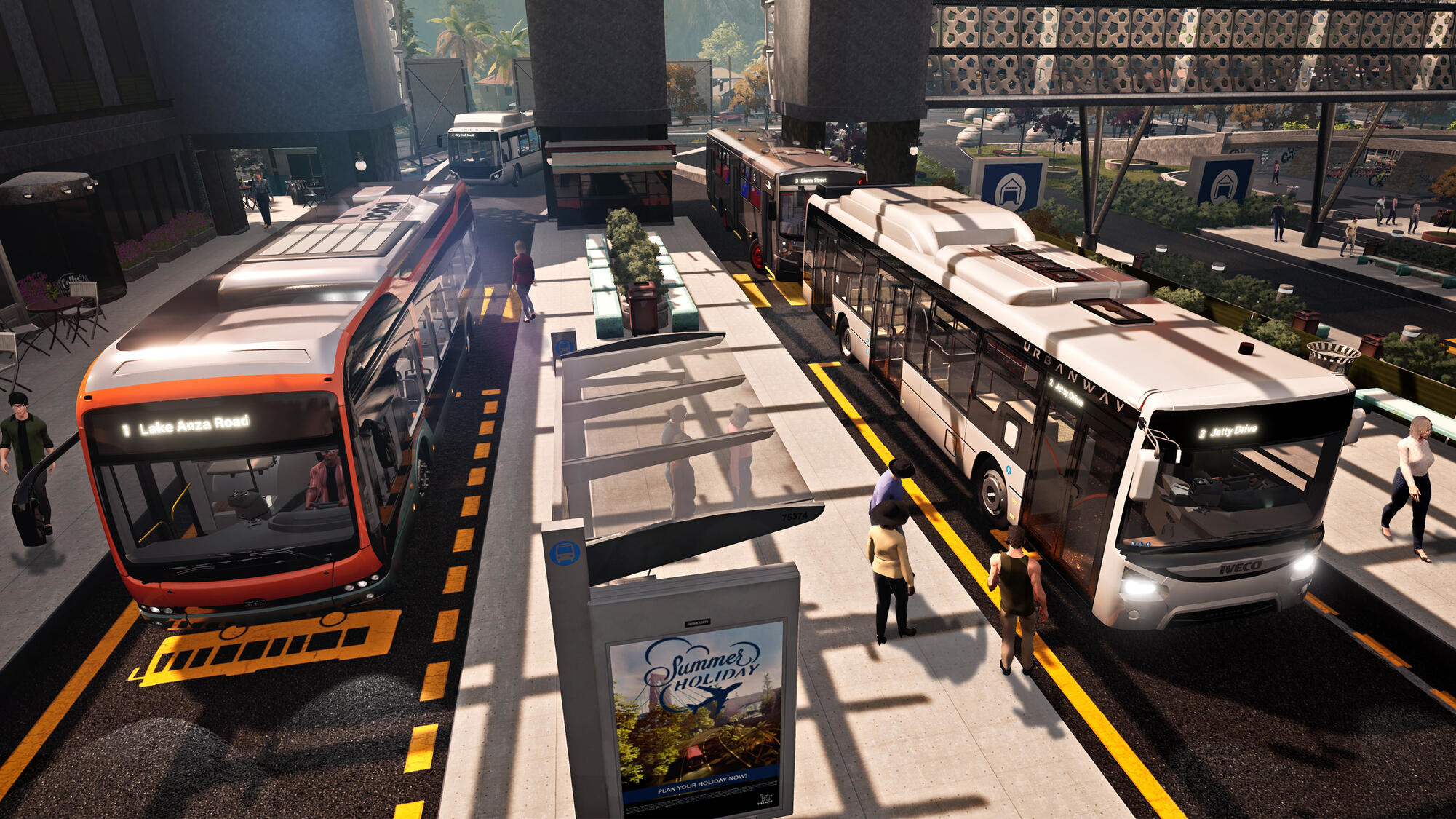 Autobus a una fermata dell'autobus con persone e pubblicità.
