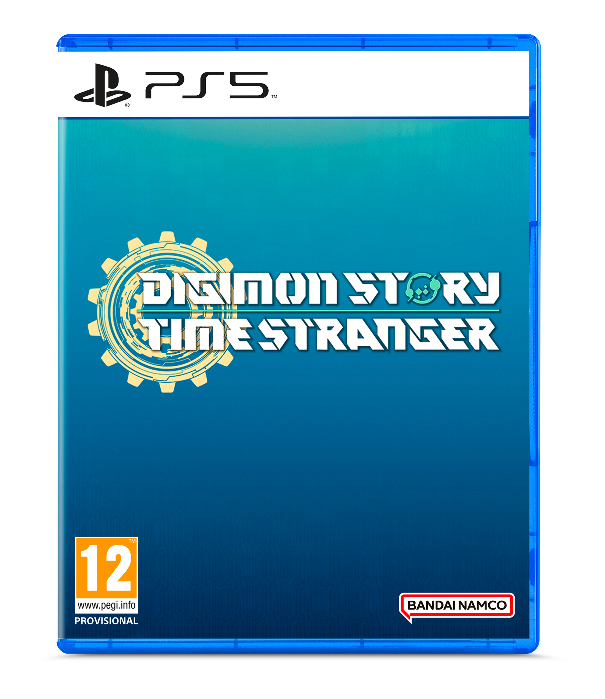 Custodia del gioco Digimon Story: Time Stranger. Custodia PS5 blu con logo del gioco e design a forma di ingranaggio.