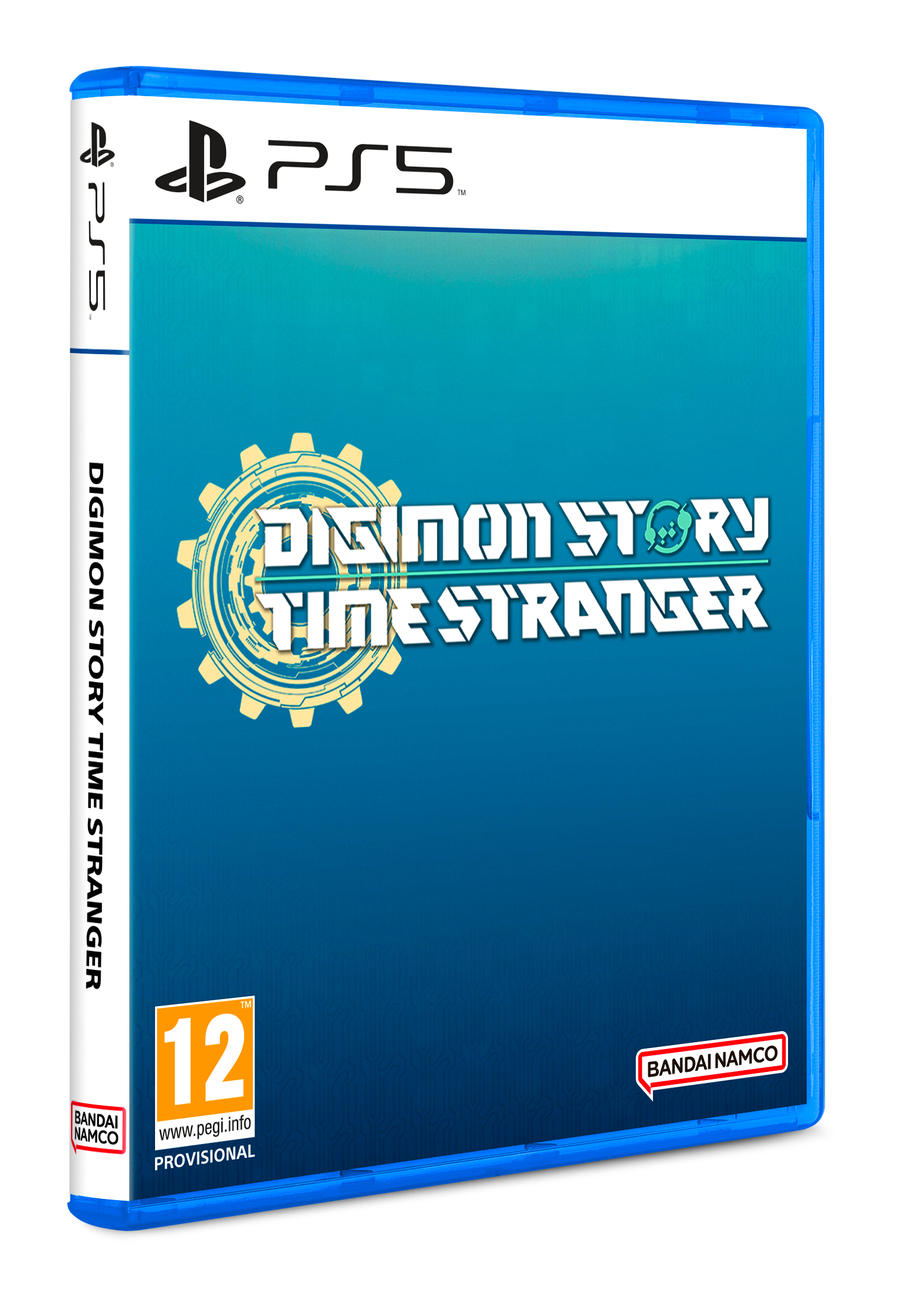 Custodia del gioco Digimon Story: Time Stranger. Custodia PS5 blu con logo del gioco e design a forma di ingranaggio.