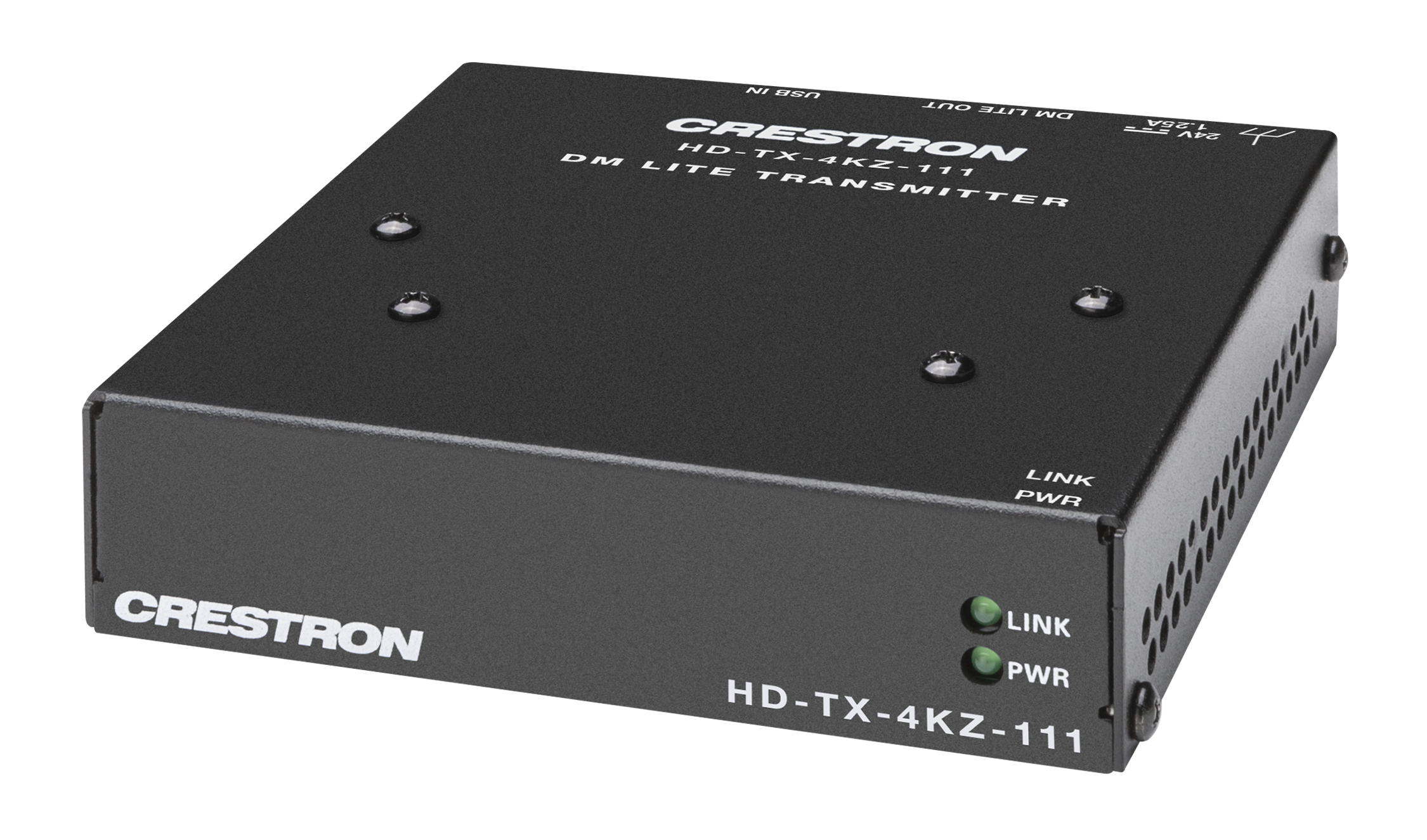 Trasmettitore nero Crestron HD-TX-4KZ-111 con spie link e alimentazione.