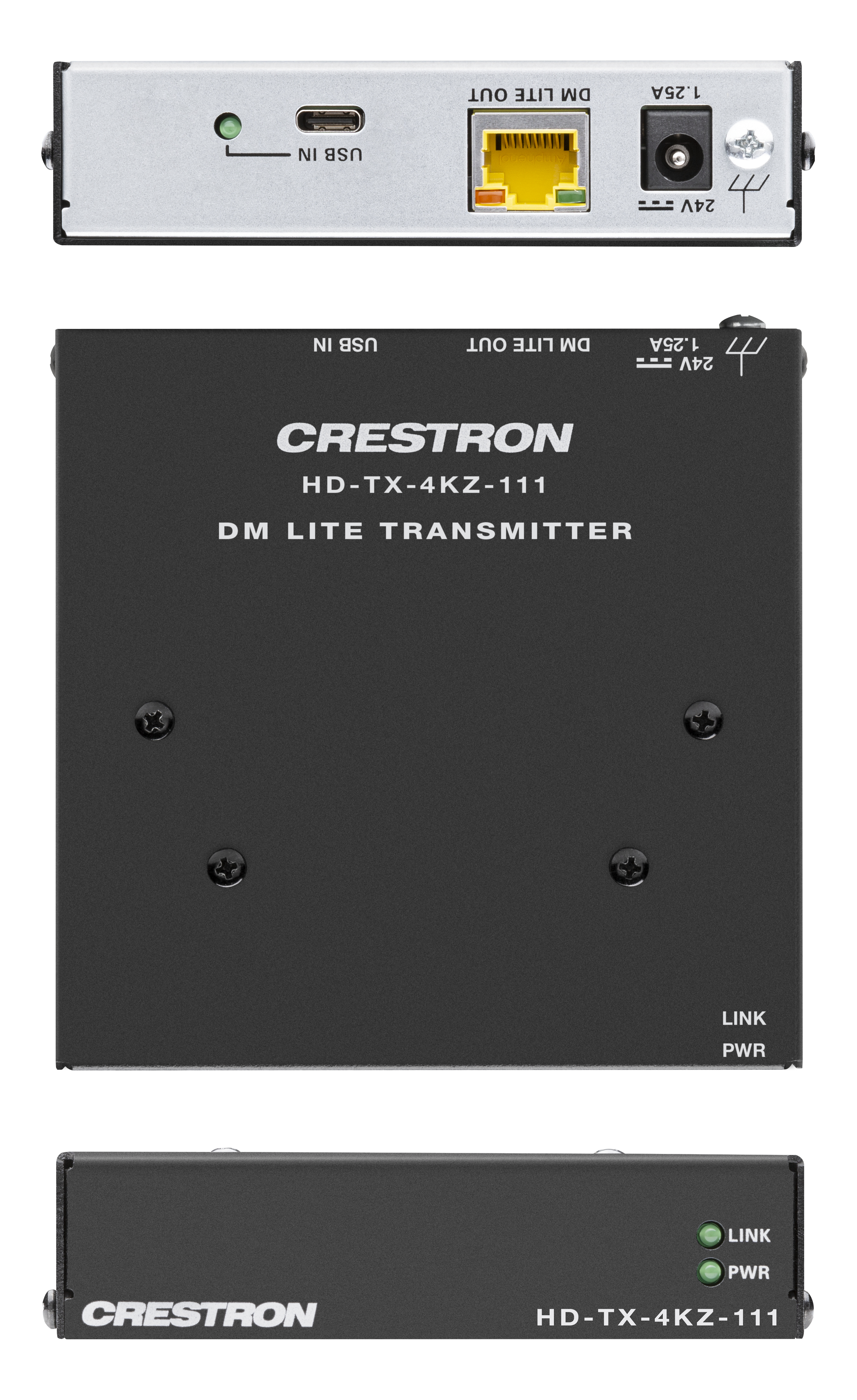 Trasmettitore nero Crestron HD-TX-4KZ-111. Porta USB, DM Lite out, alimentazione. Logo frontale.