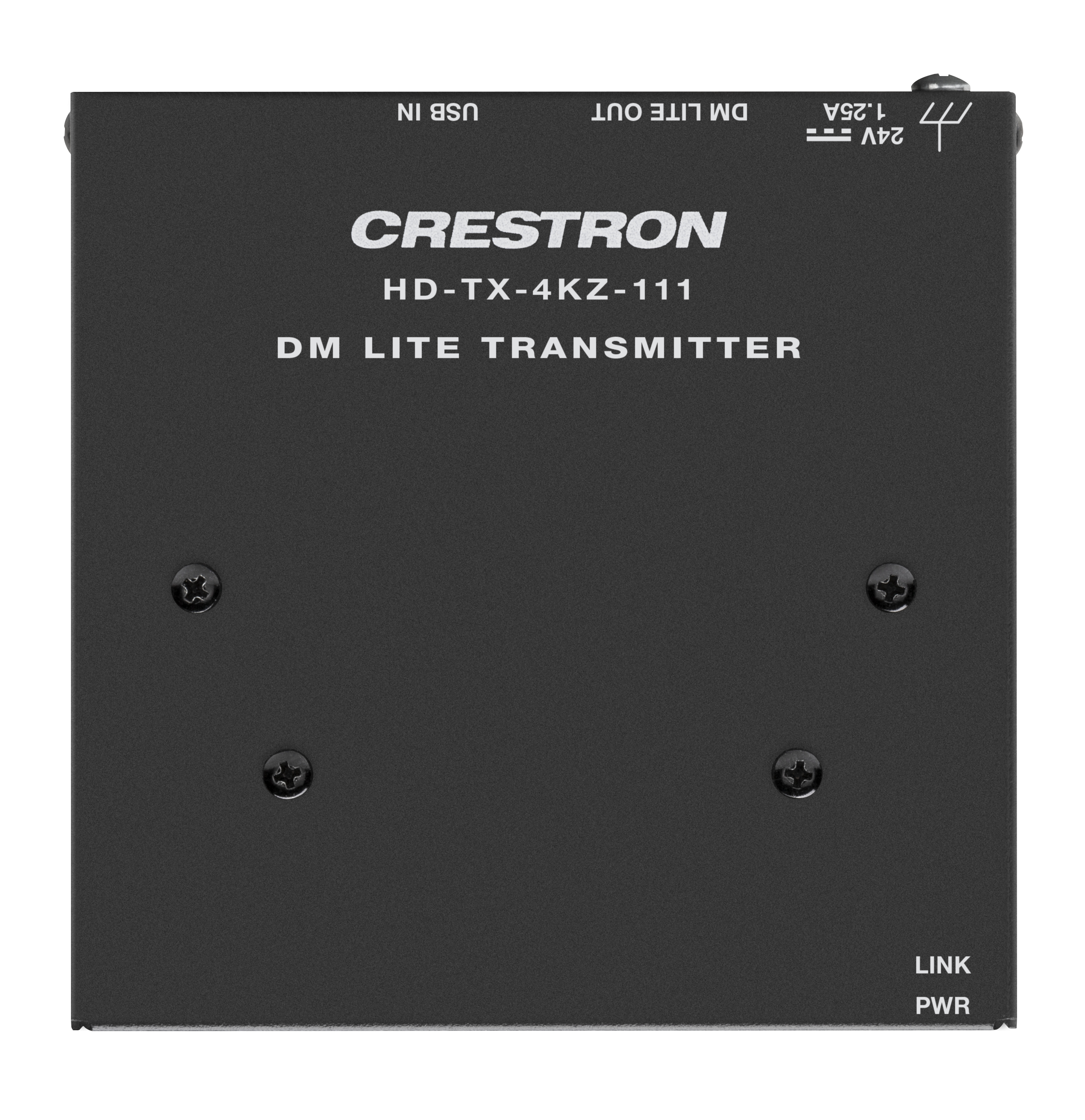 Vista dall'alto di un trasmettitore nero Crestron HD-TX-4KZ-111.