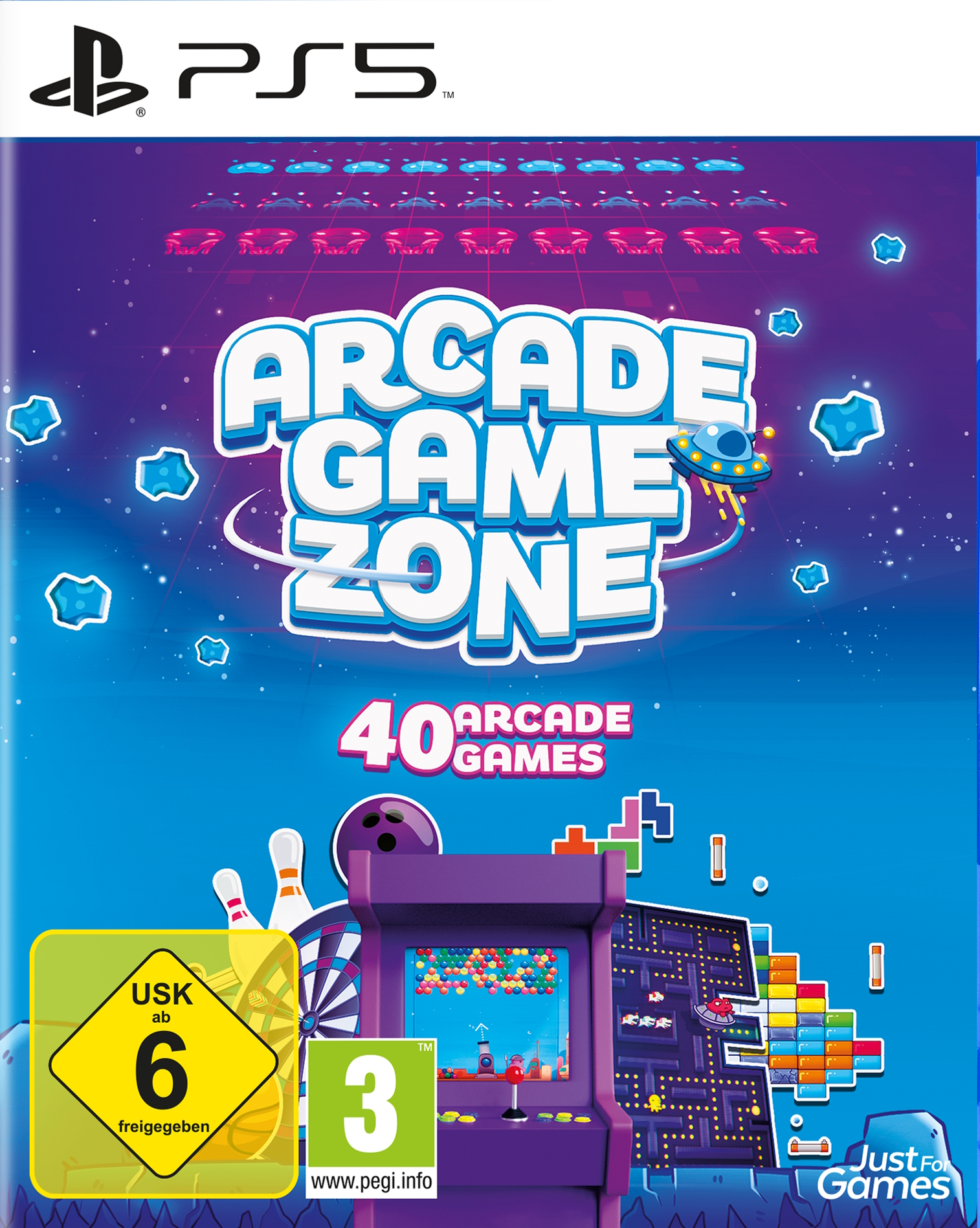 Portada del juego Arcade Game Zone PS5. Máquina recreativa, 40 juegos y un fondo temático espacial.