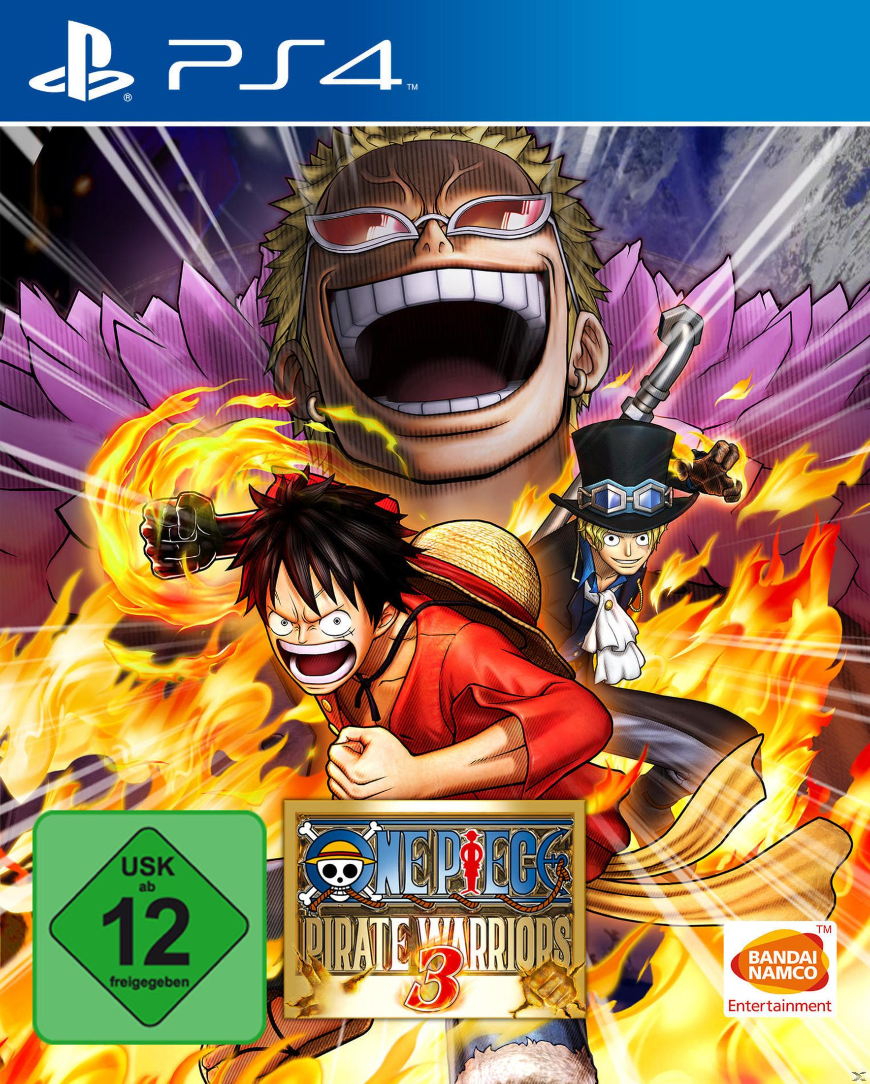 One Piece Pirate Warriors 3 PS4-Spielcover. Luffy, Doflamingo und Flammen auf dem Cover.