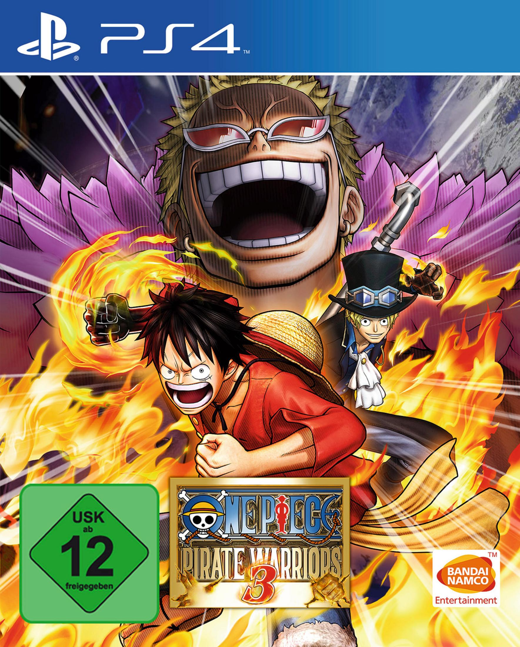 One Piece Pirate Warriors 3 PS4-Spielcover. Luffy, Doflamingo und Flammen auf dem Cover.
