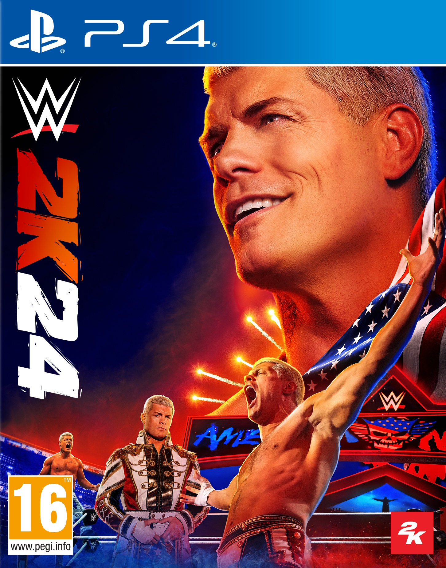 Copertina del gioco WWE 2K24 con wrestler, logo PS4 e dettagli del gioco.