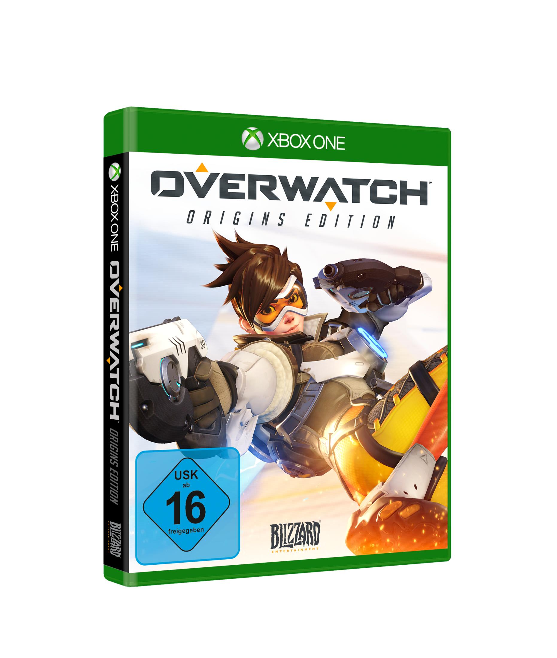Overwatch Origins Edition Spielbox. Tracer ist auf dem Cover, mit dem Xbox One-Logo oben.