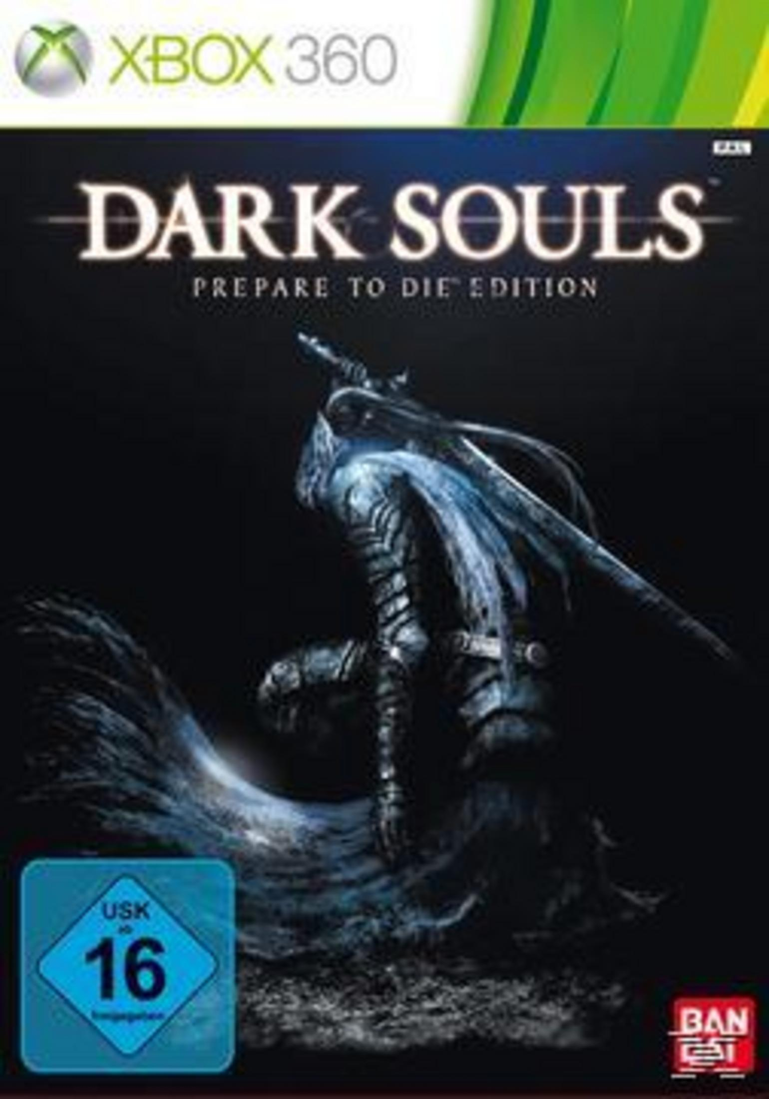 Dark Souls-Spielcover. Ein Ritter kniet auf dunklem Hintergrund. Spieltitel und Logo sind sichtbar.