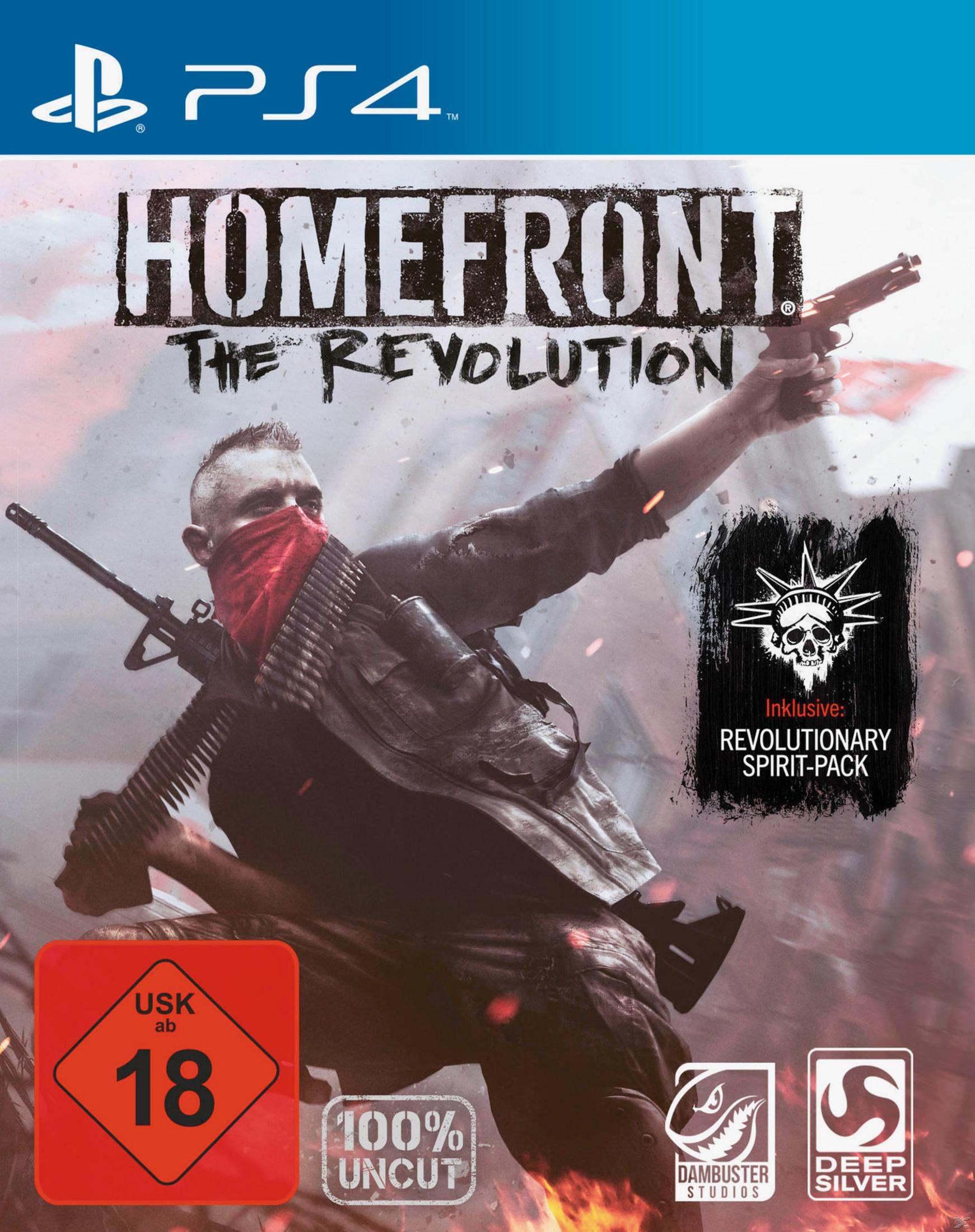 Copertina del gioco Homefront: The Revolution. Un uomo con una bandana rossa tiene una pistola.