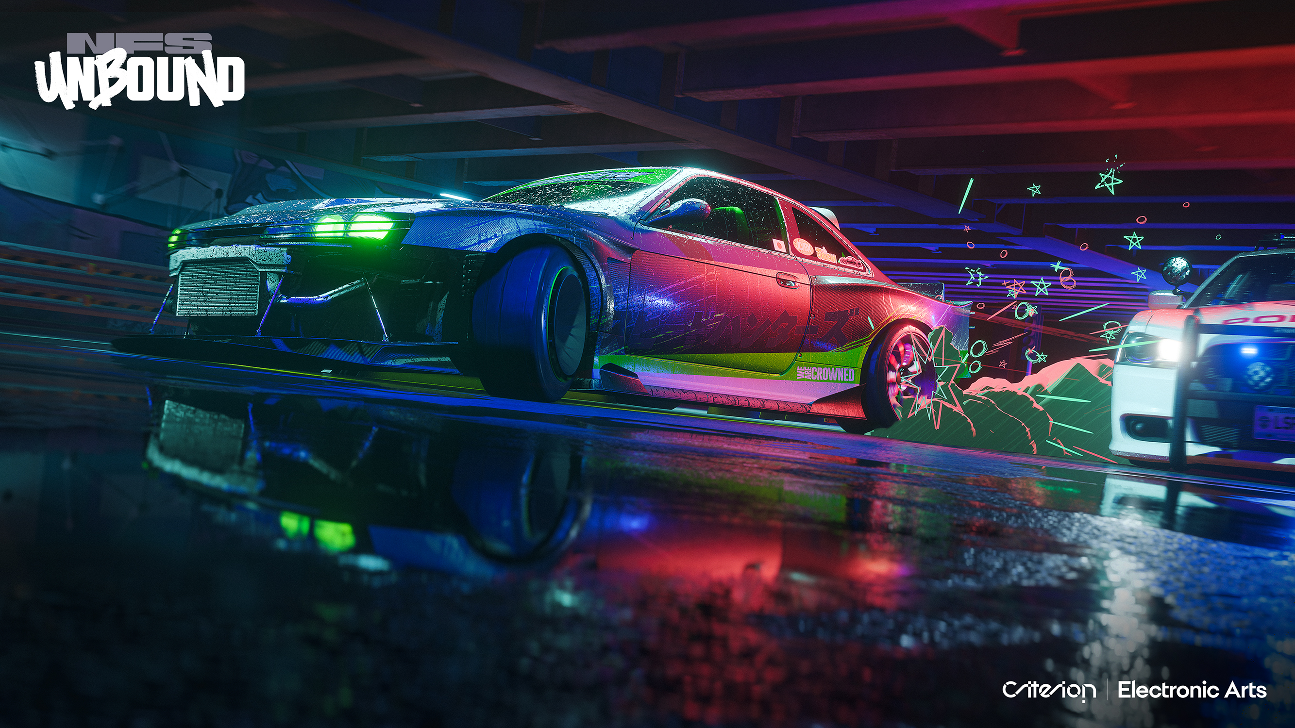 Samochód driftujący nocą na mokrej drodze z neonami.