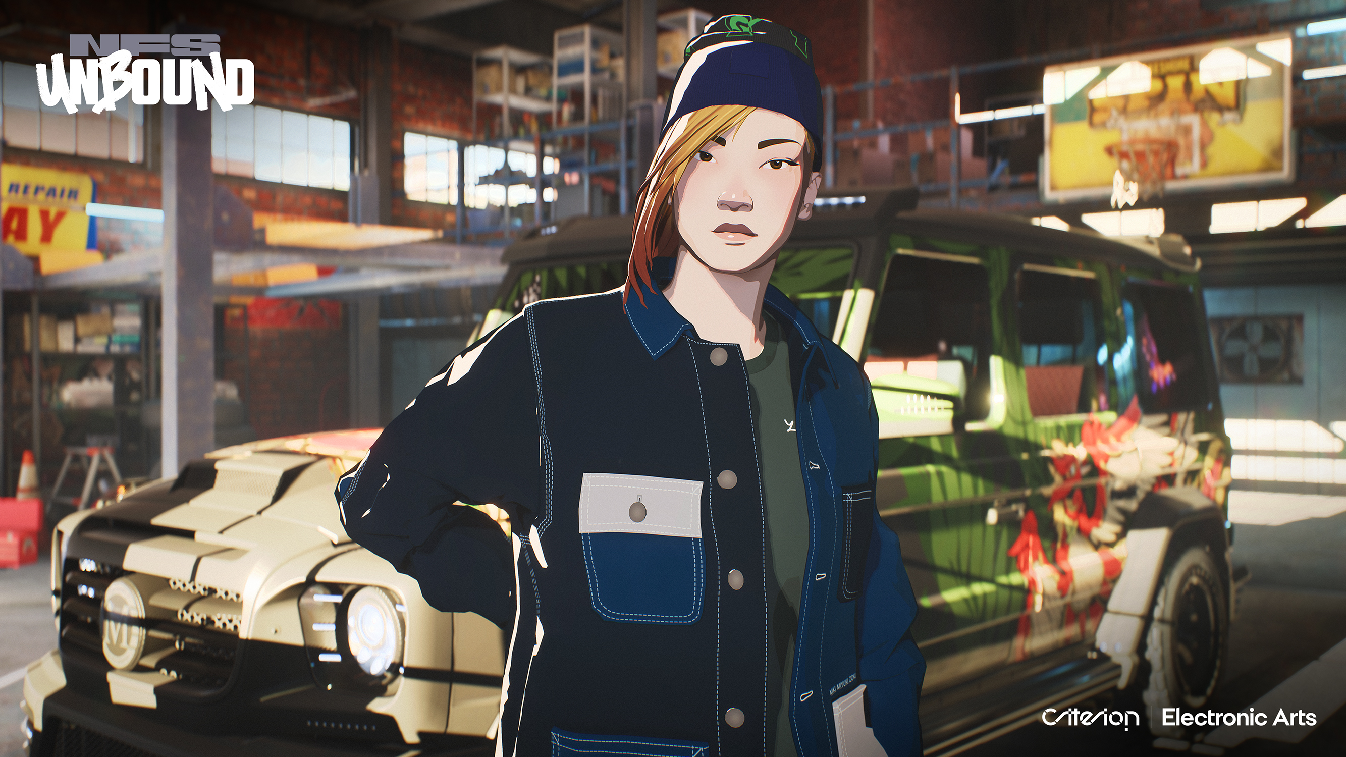 Kobieta w garażu z gry Need for Speed Unbound. Samochód w tle.