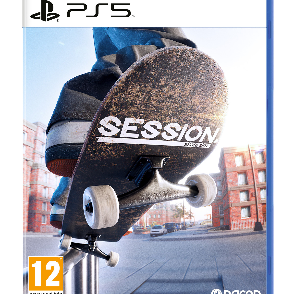 Copertina del gioco PS5. Uno skater fa un trick. Il gioco è Session Skate Sim.