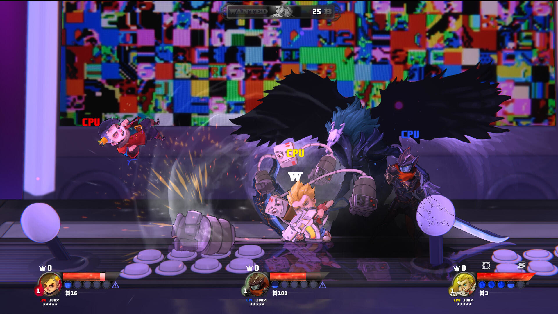 Scena z gry wideo. Postacie walczące na platformie, z błędami na ekranie.