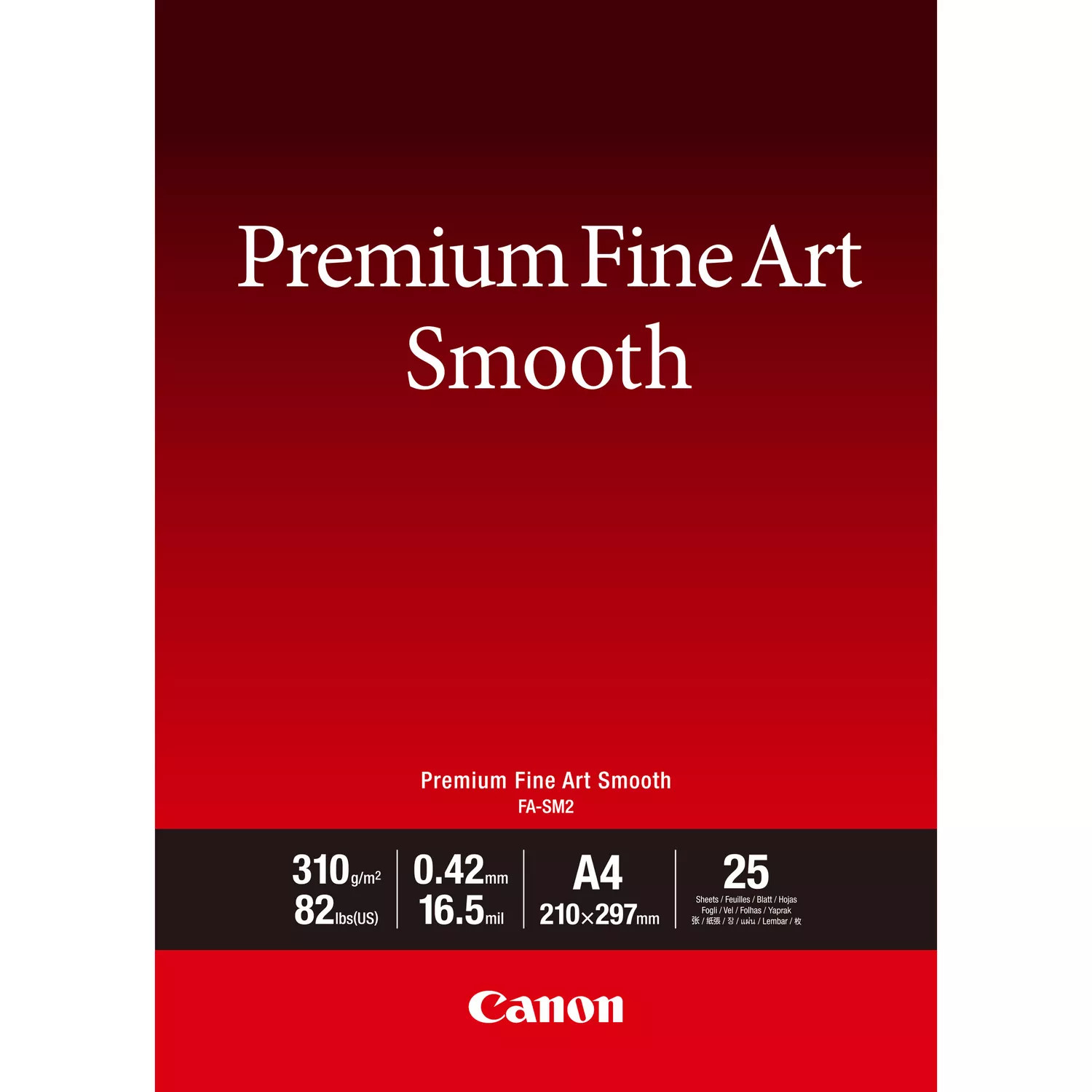 Czerwone opakowanie papieru Canon Premium Fine Art Smooth. Tekst: Premium Fine Art Smooth, 310 g/m2, A4, 25 arkuszy.