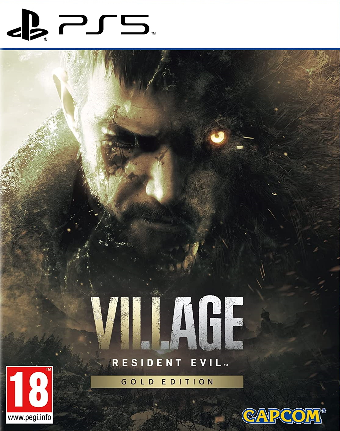 Copertina del gioco Resident Evil Village: Gold Edition con un ibrido uomo-lupo, un logo e una valutazione.