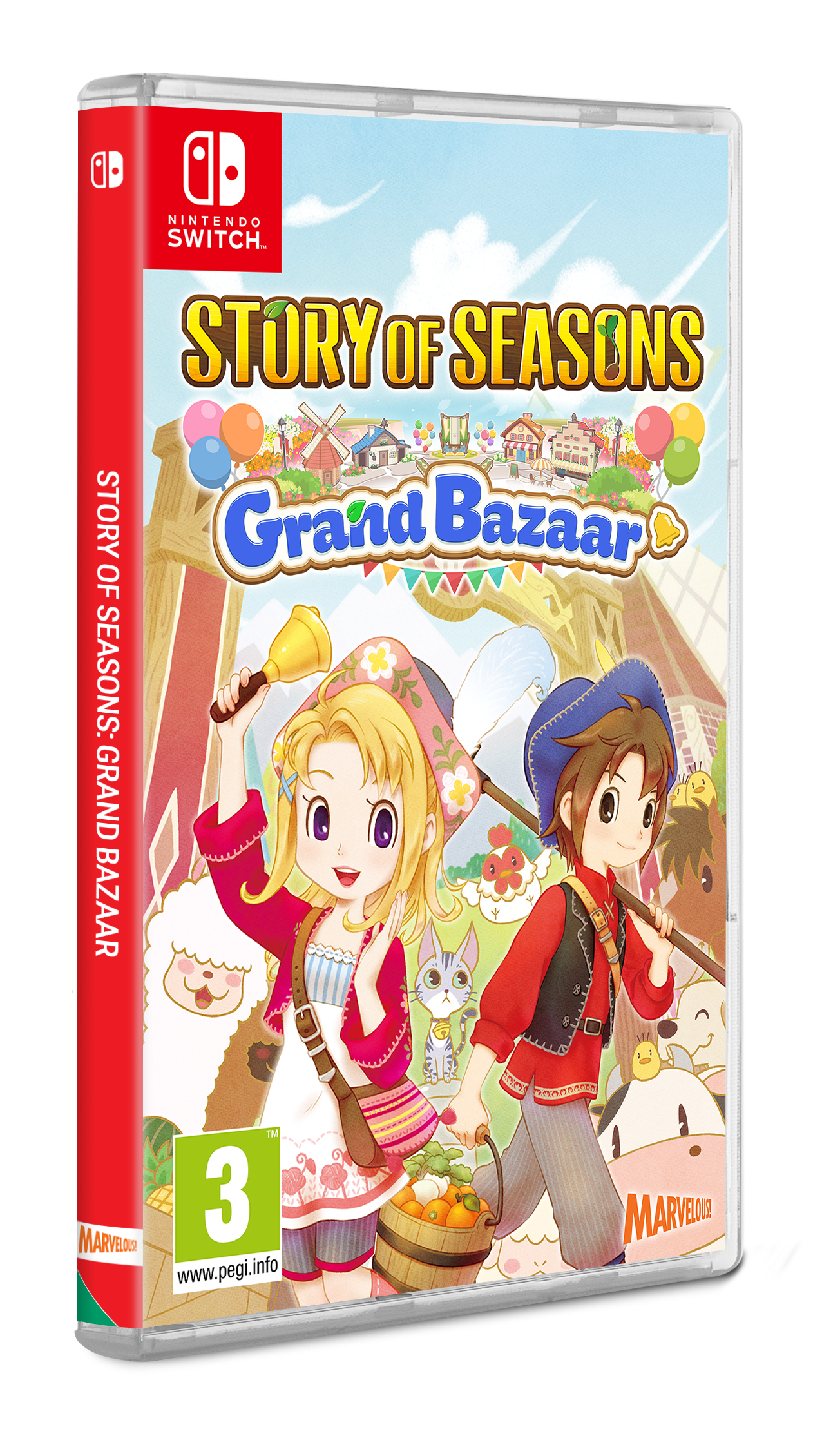 Nintendo Switch için Story of Seasons: Grand Bazaar oyun kutusu. Renkli karakterler gösteriliyor.