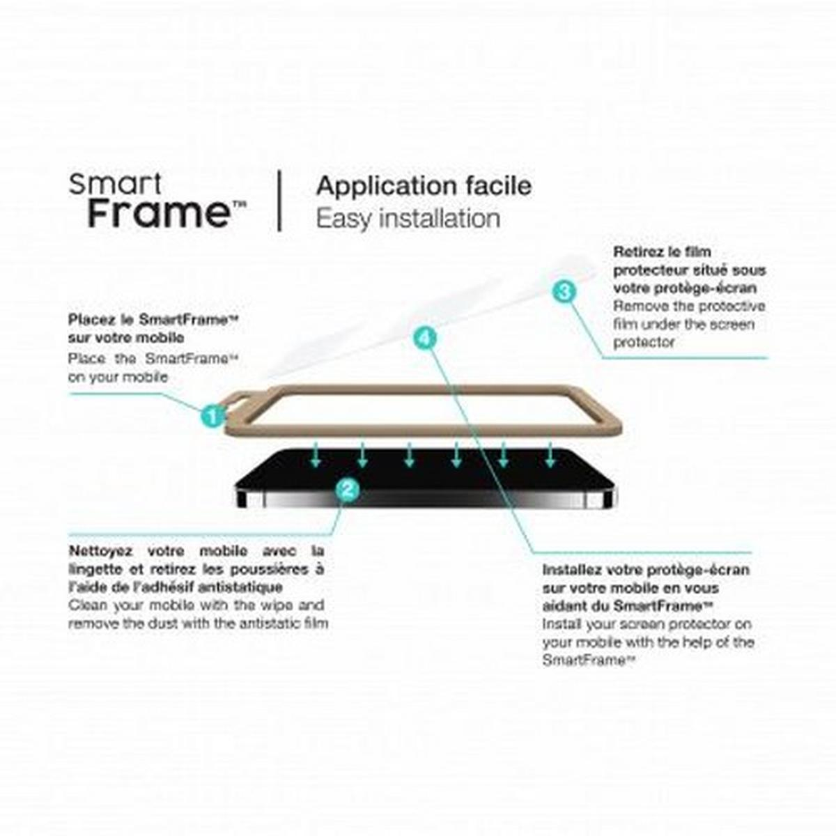 Diagramma mostra cellulare con SmartFrame. Istruzioni in francese, inglese, frecce indicano il posizionamento.