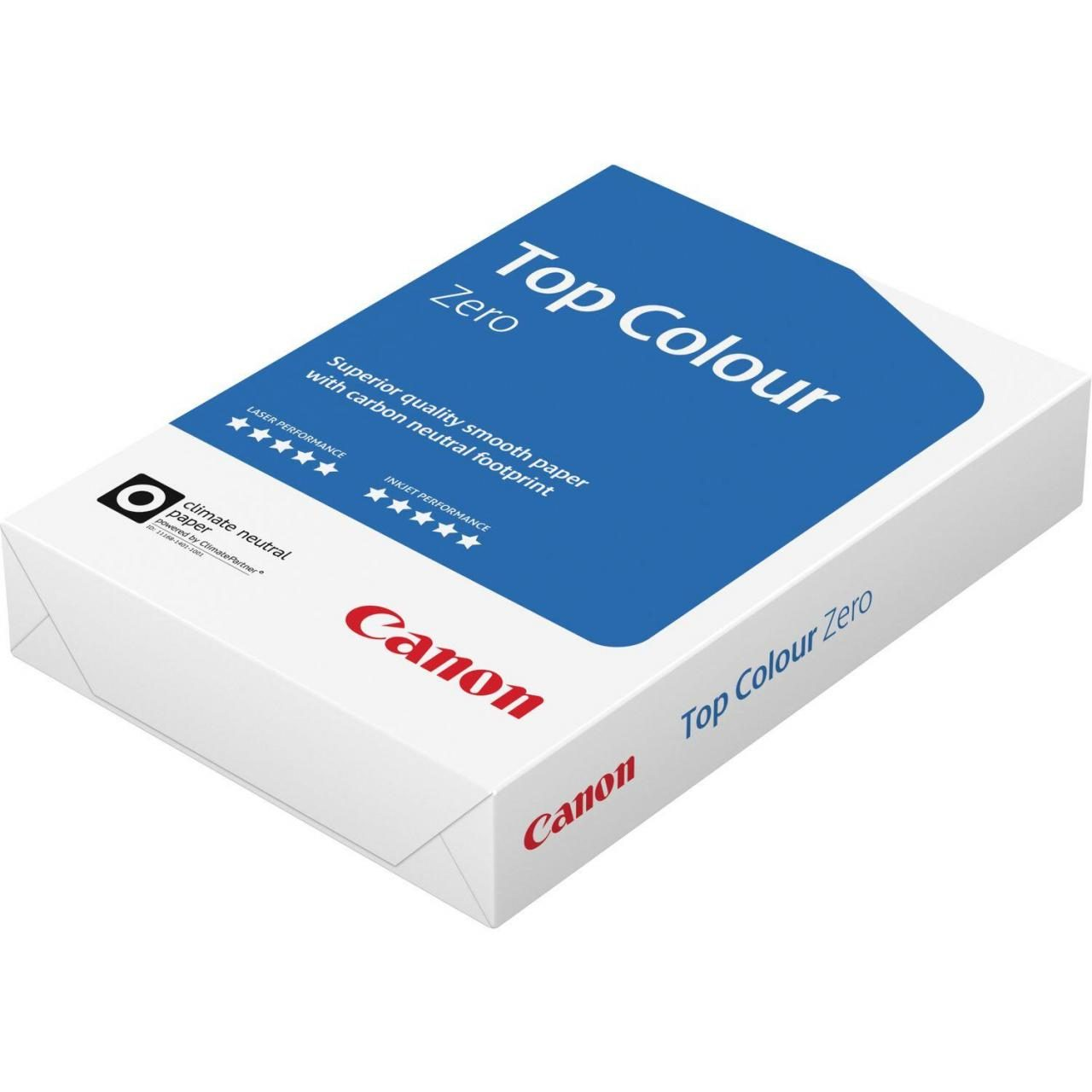 Białe pudełko papieru Canon Top Colour Zero. Pudełko jest niebiesko-białe z logo Canon.