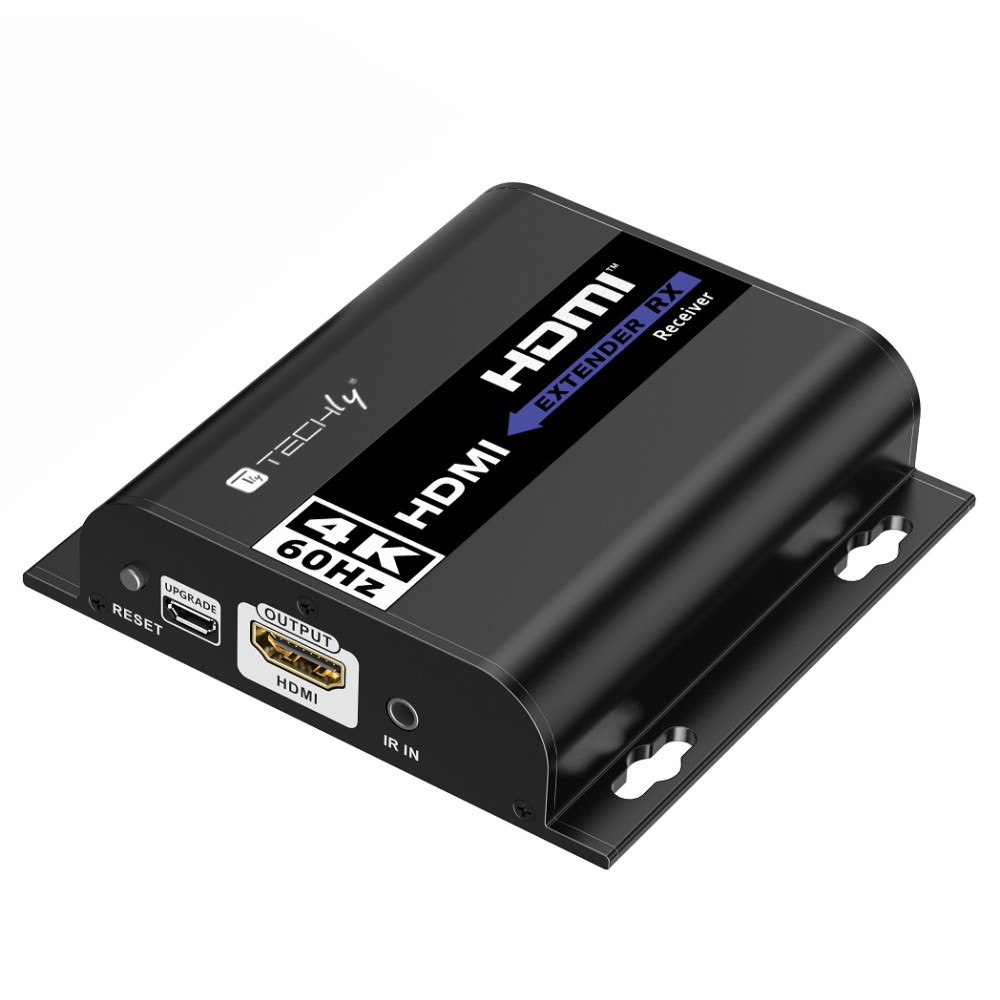 Scatola ricevitore extender HDMI nera con porte ed etichette.