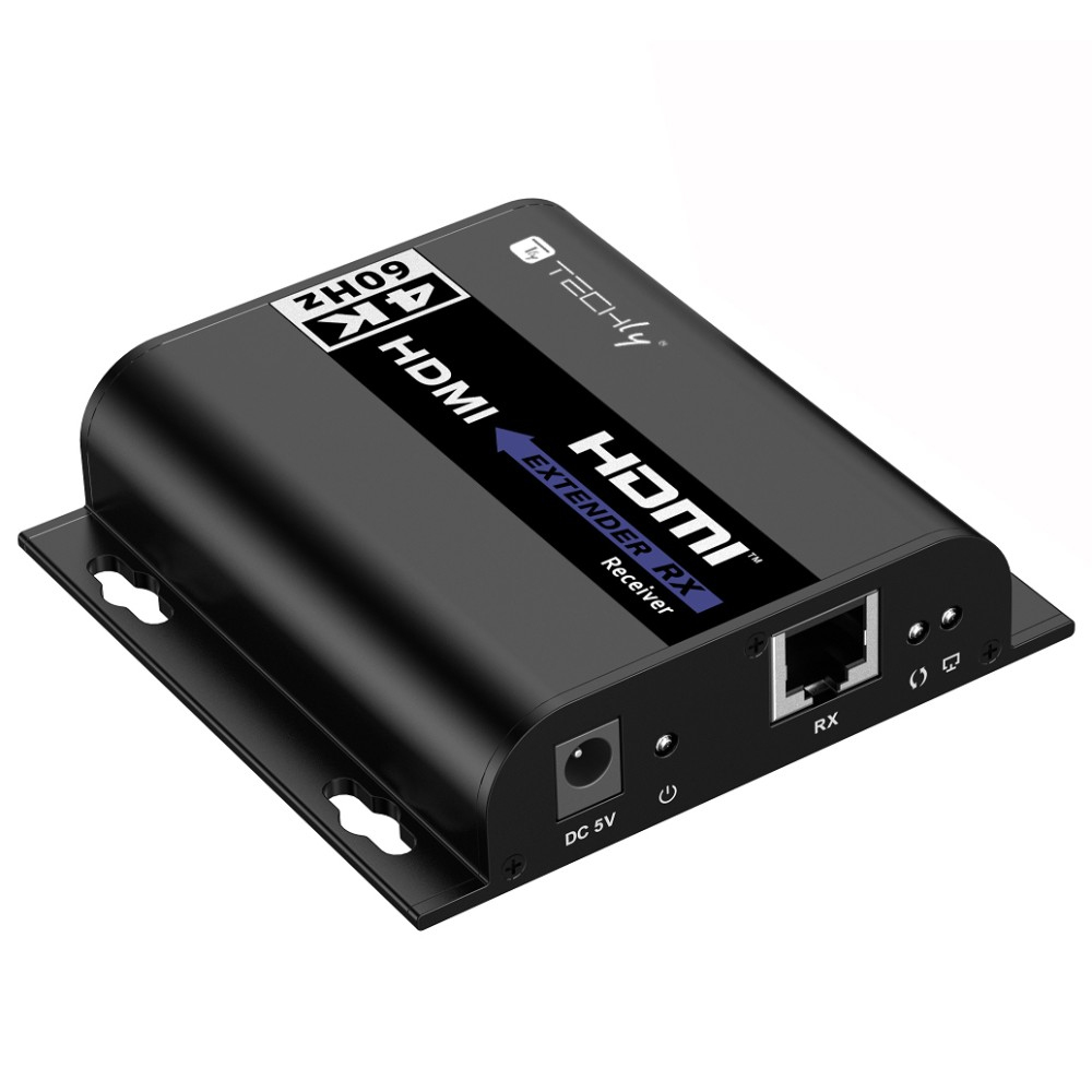 Scatola ricevitore extender HDMI nera con porte.