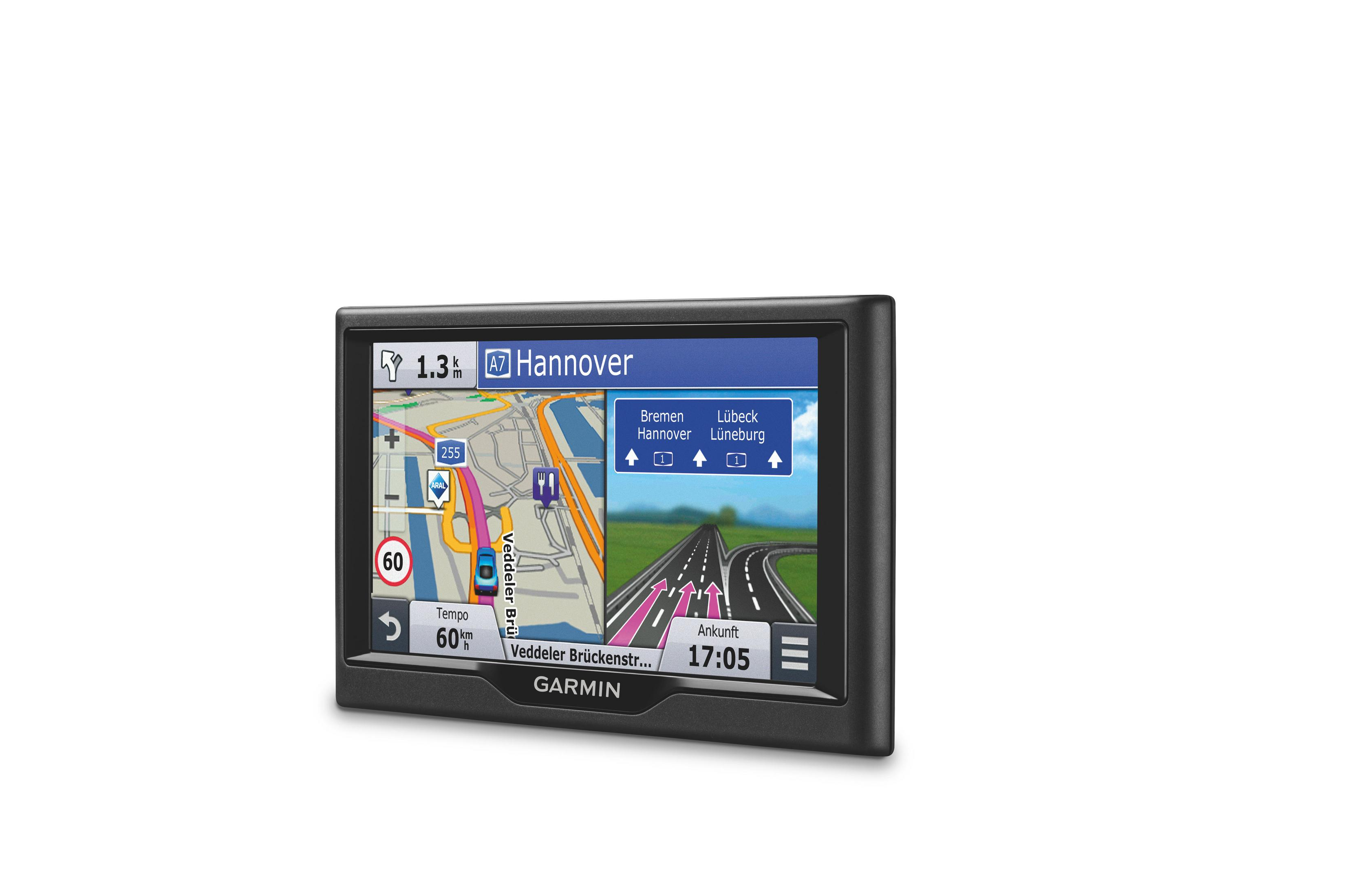 Garmin GPS-Gerät, Bildschirm zeigt Karte. Schwarzer Rahmen. Weißer Hintergrund.