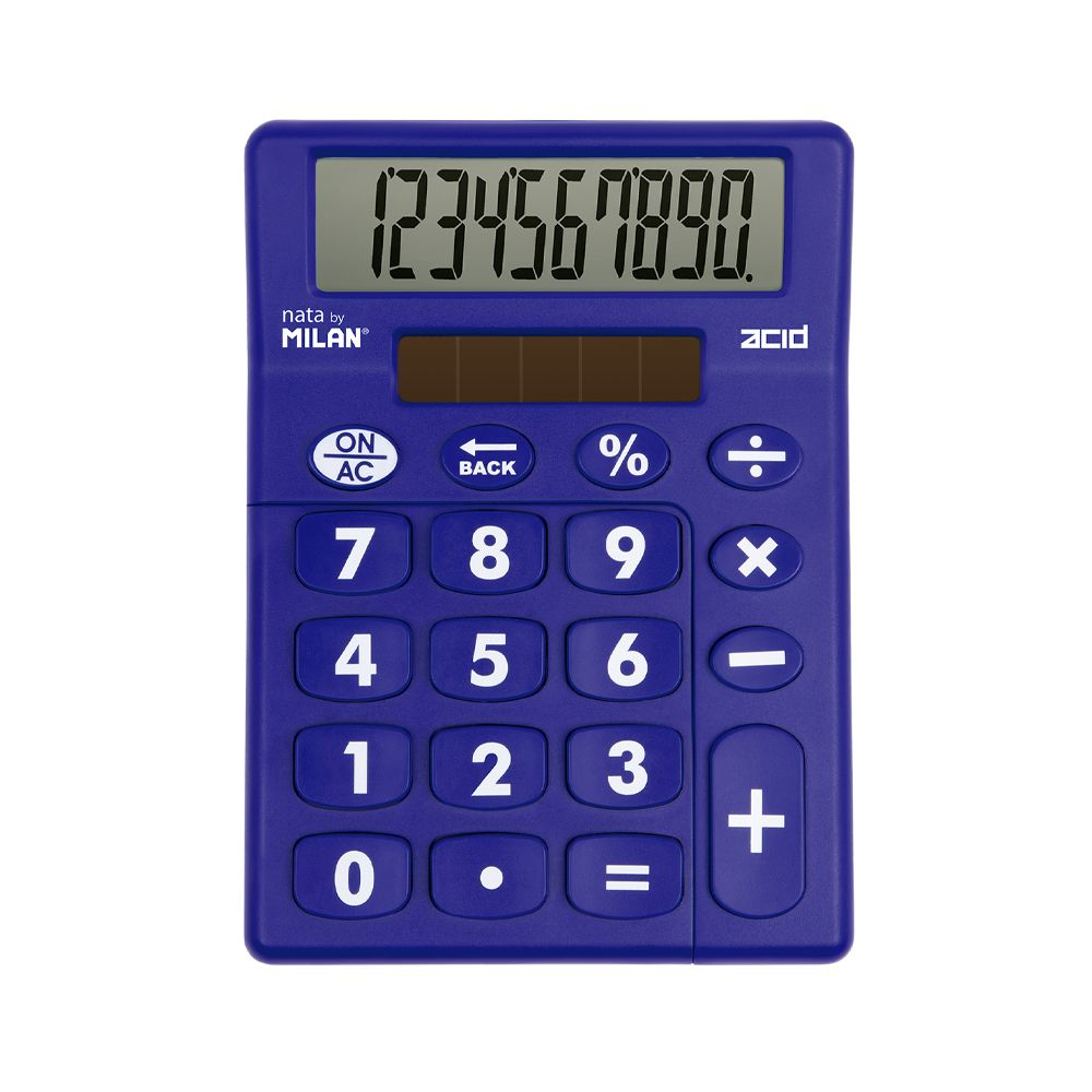 Niebieski kalkulator z dużymi przyciskami i wyświetlaczem pokazującym liczbę '1234567890'.