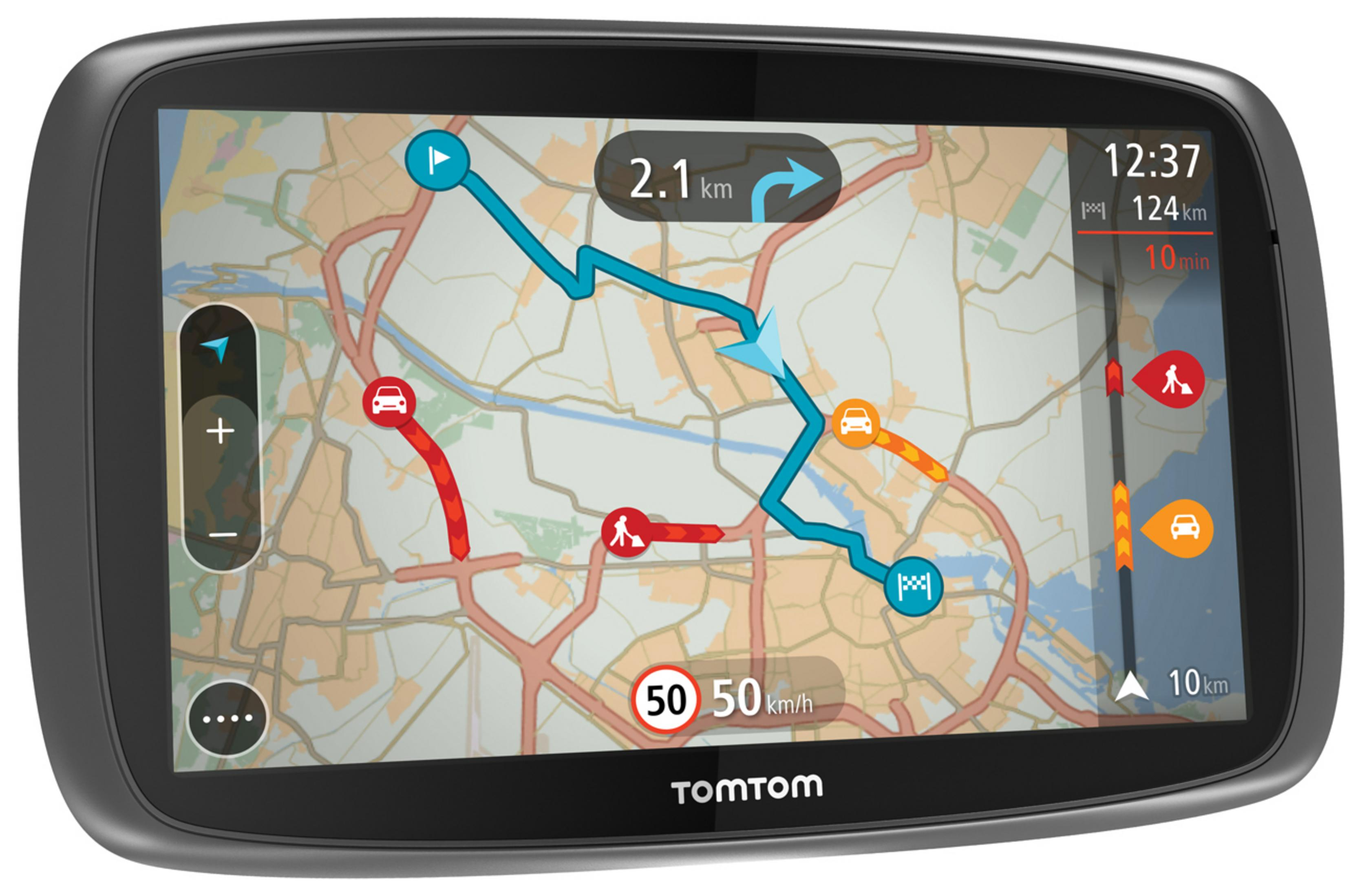 Ein TomTom GPS-Gerät zeigt eine Karte mit einer blau hervorgehobenen Route.