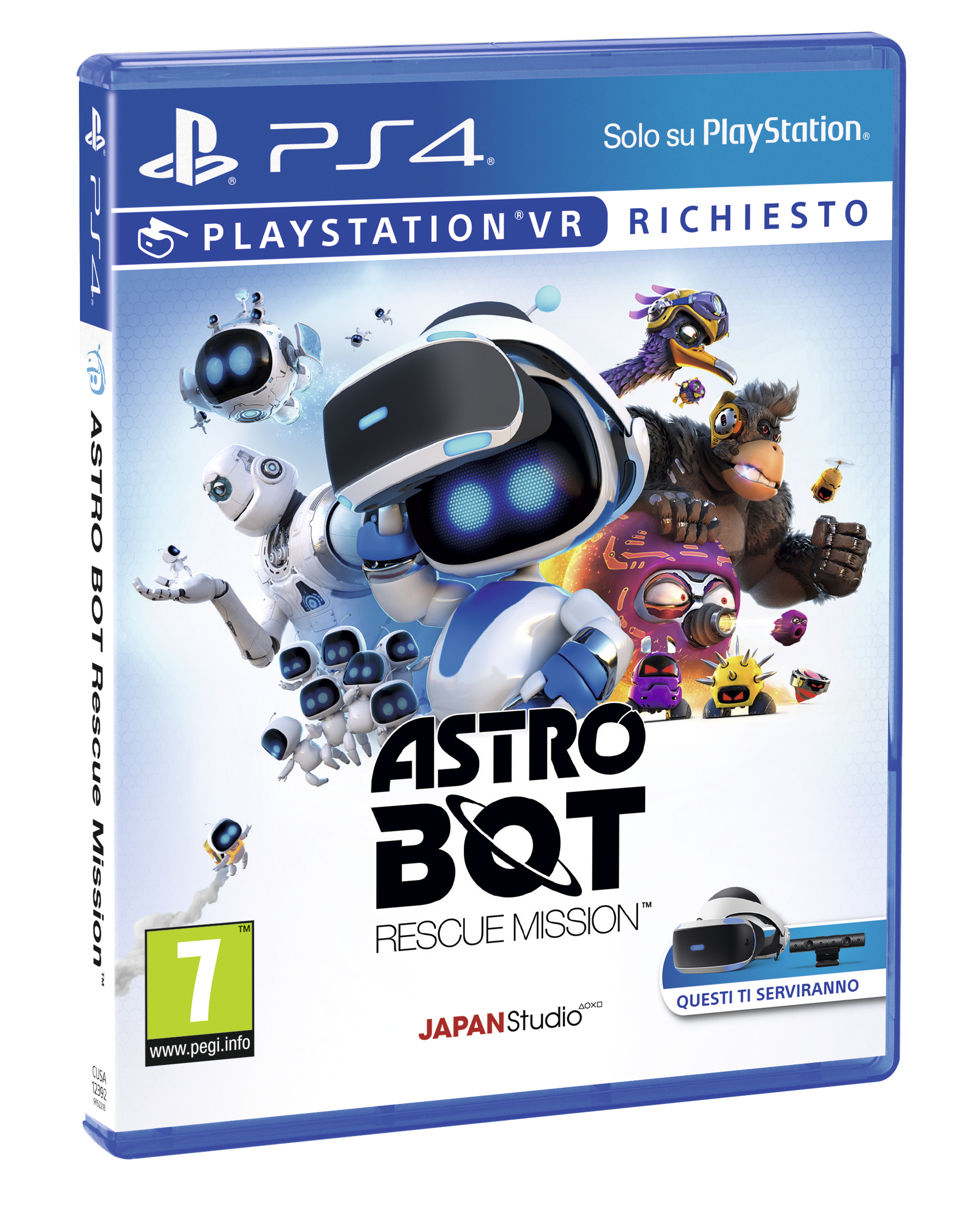 Pudełko gry PS4 Astro Bot Rescue Mission, z postaciami robotów i zestawem VR.