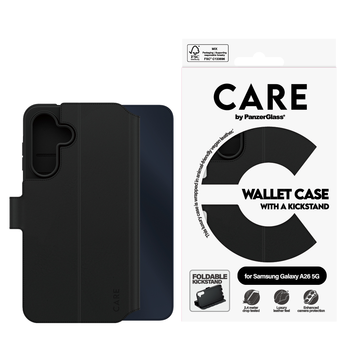 Confezione di custodia per telefono nera, il testo dice 'CARE' e 'WALLET CASE' con supporto pieghevole.