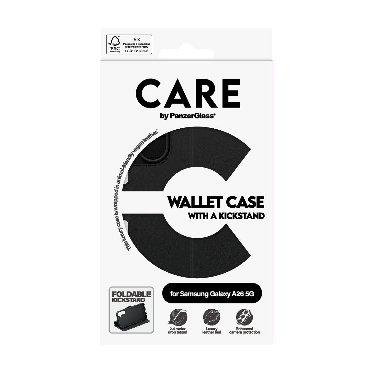 Confezione di custodia per telefono nera. Il testo dice 'CARE' e 'WALLET CASE'. È mostrato un cavalletto pieghevole.