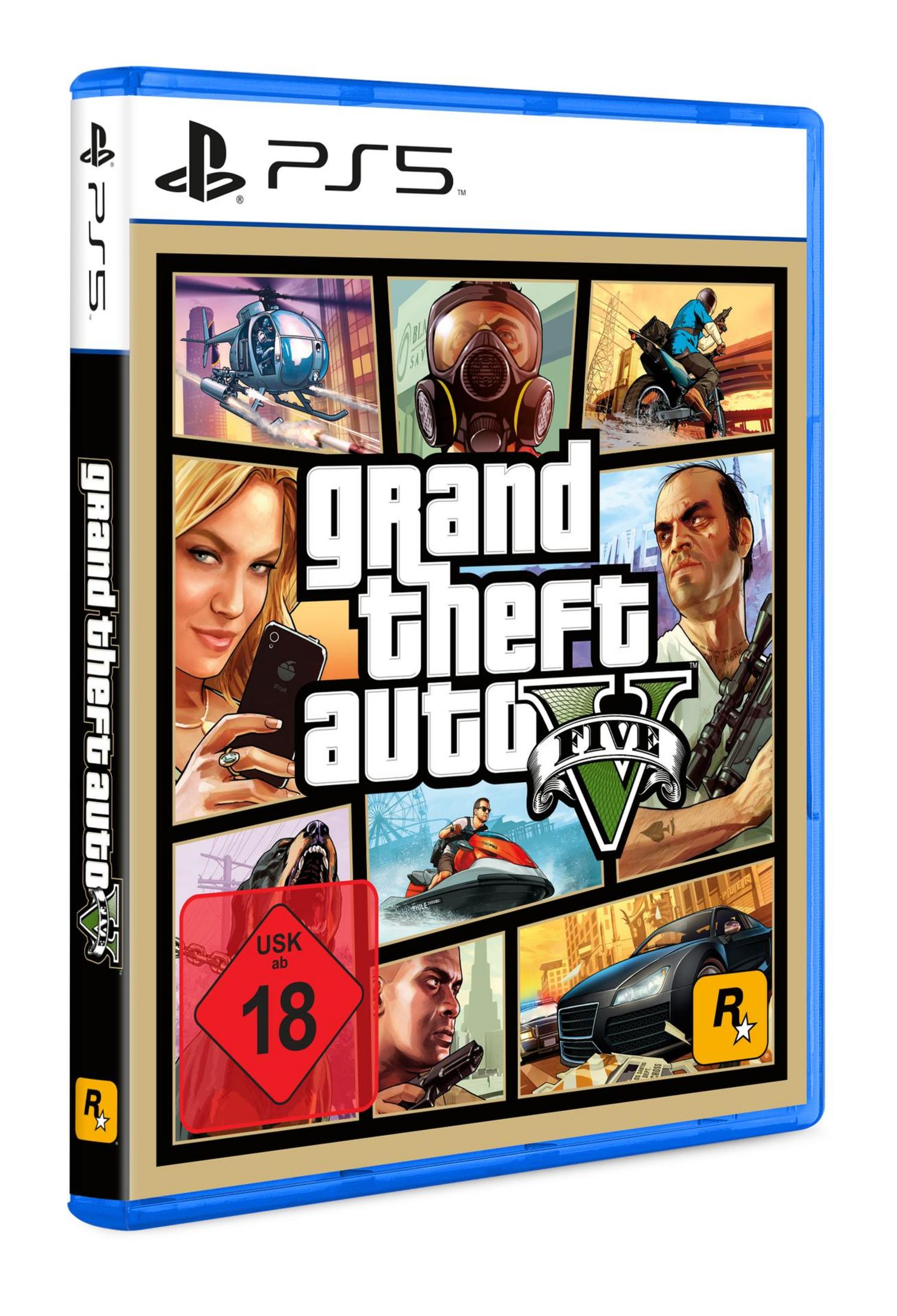 Okładka gry Grand Theft Auto V na PS5, z grafiką postaci i logo.