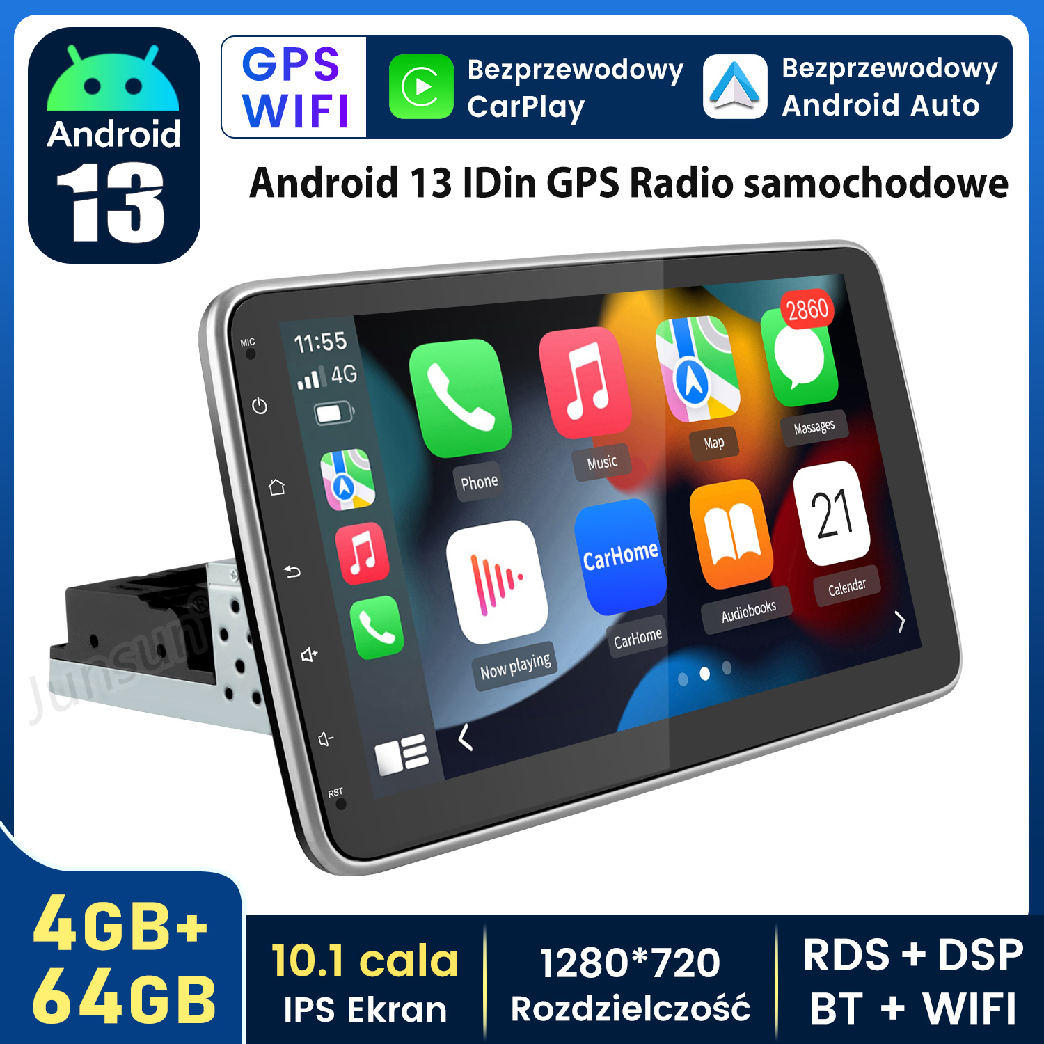 Ekran radia samochodowego Android 13 wyświetlający aplikacje i ustawienia.